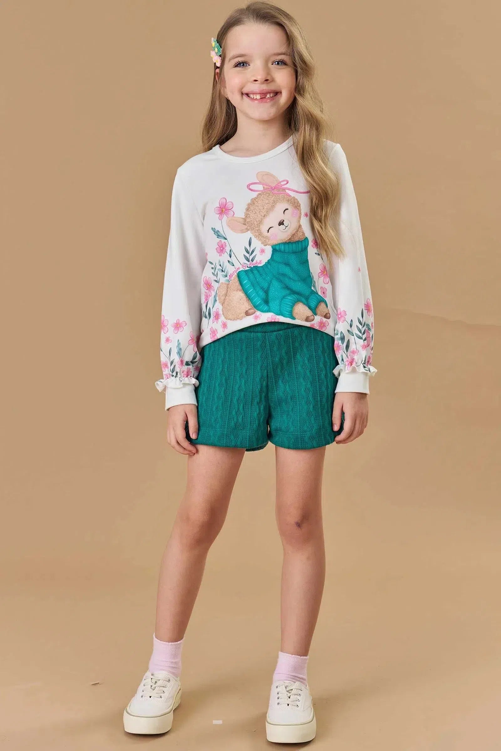 Conjunto de Blusa em Molecotton e Shorts em Tricot Relevo 82977 Kukiê Infantil Menina