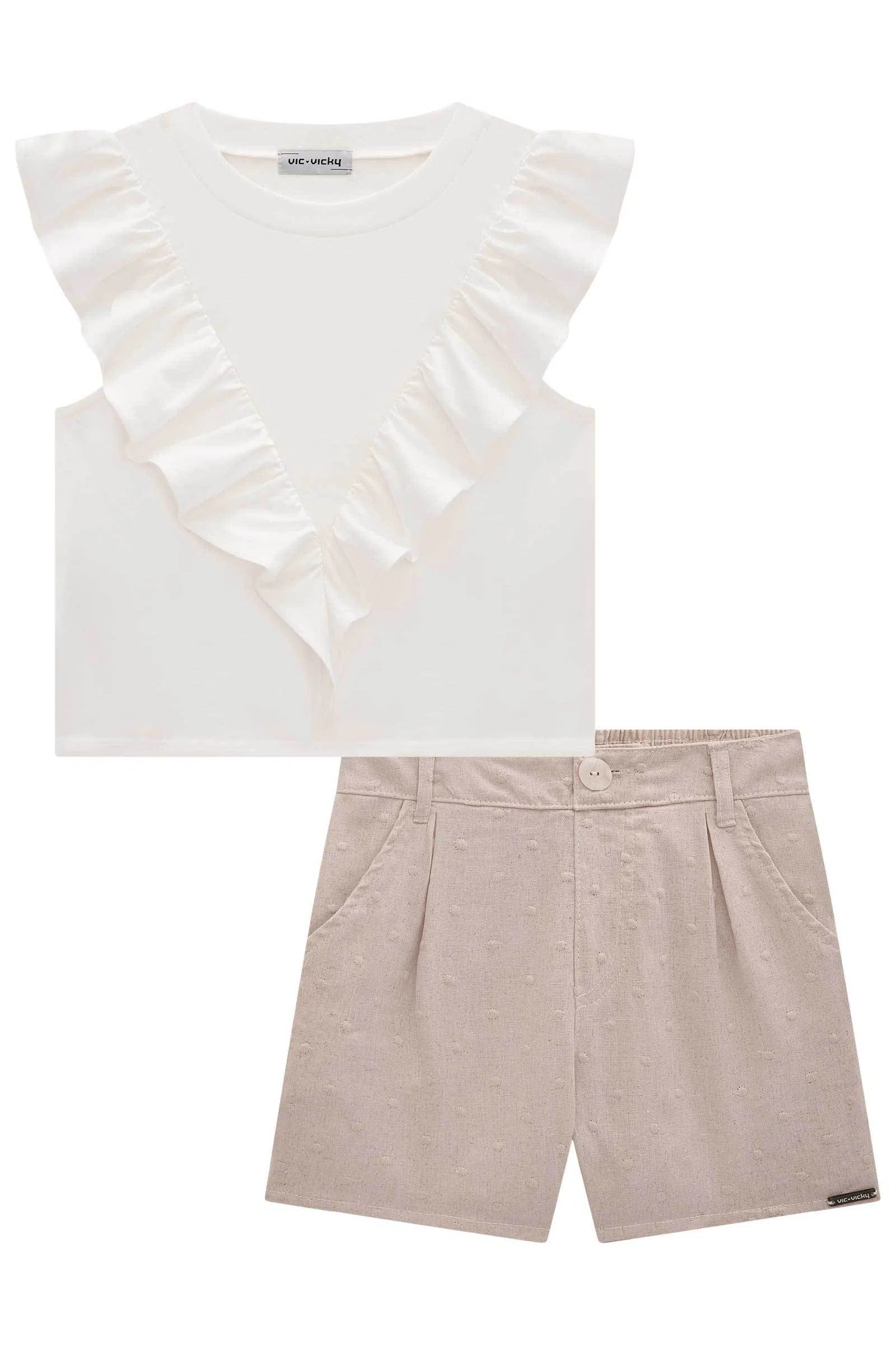 Conjunto de Blusa Over em Meia Malha e Shorts em Linho Bordado 75799 Vic&Vicky