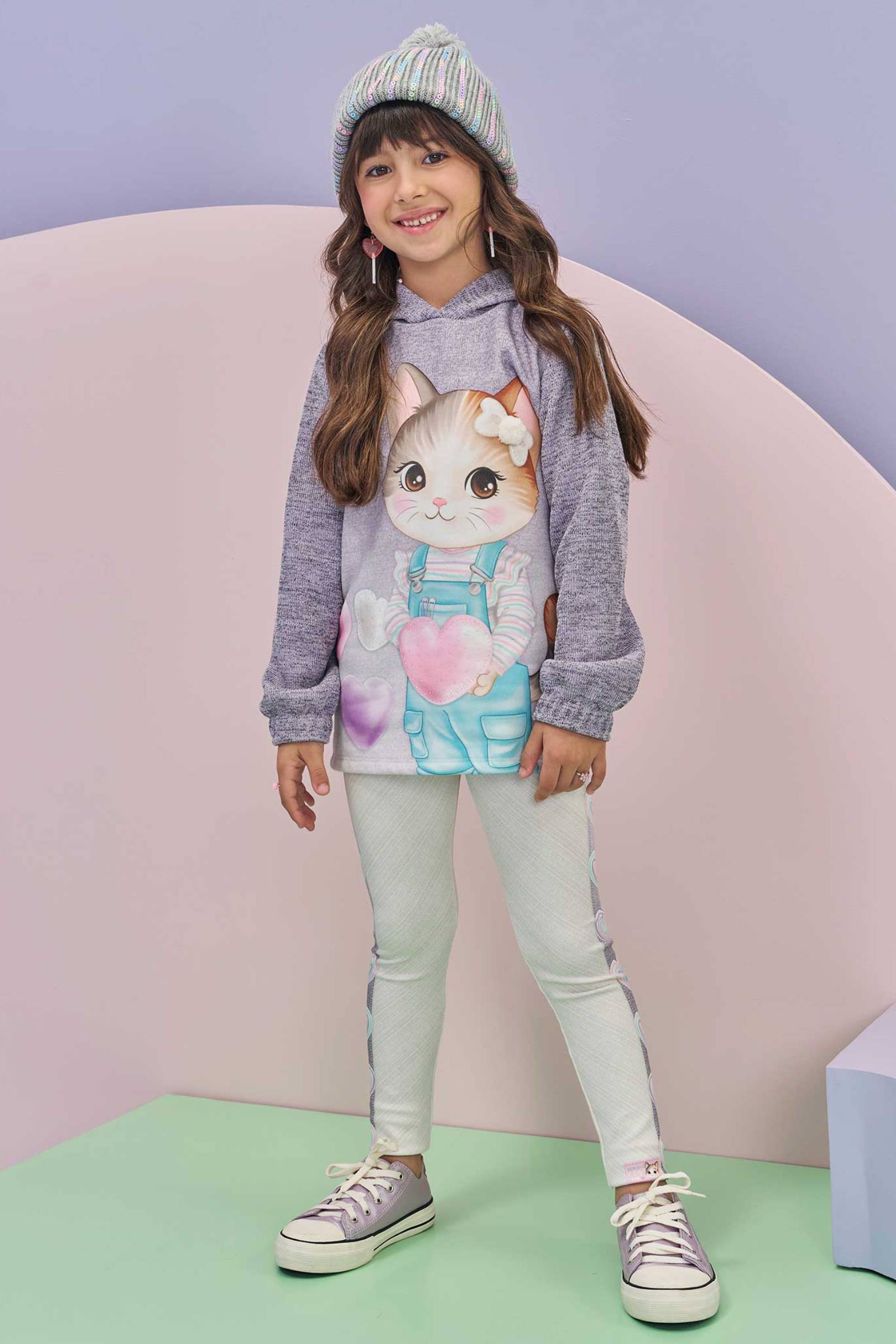 Conjunto de Blusão Alongado em Malha Textura Brilho com Calça Legging em Fly Tech 80585 Infanti Infantil Menina