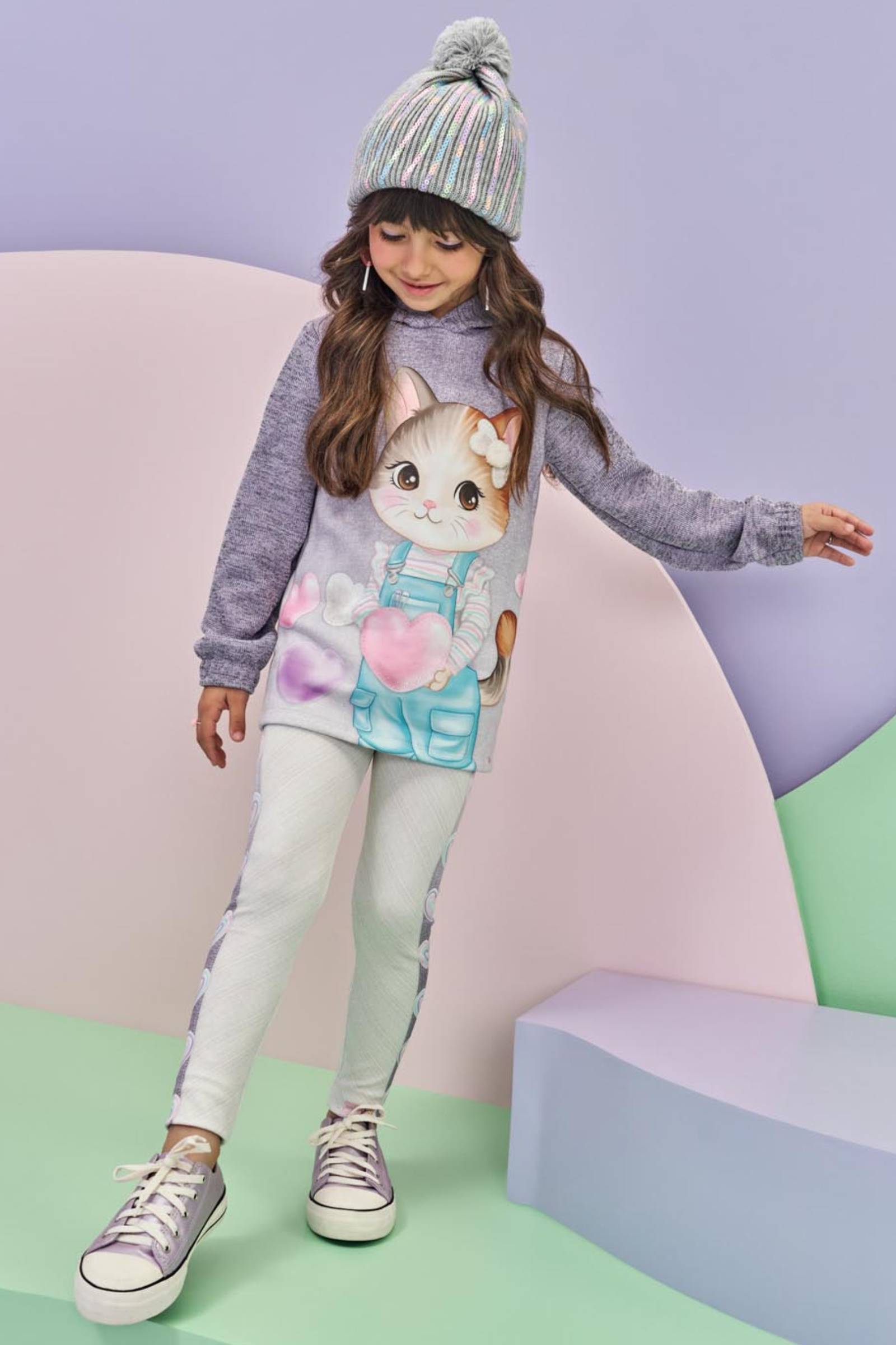 Conjunto de Blusão Alongado em Malha Textura Brilho com Calça Legging em Fly Tech 80585 Infanti Infantil Menina