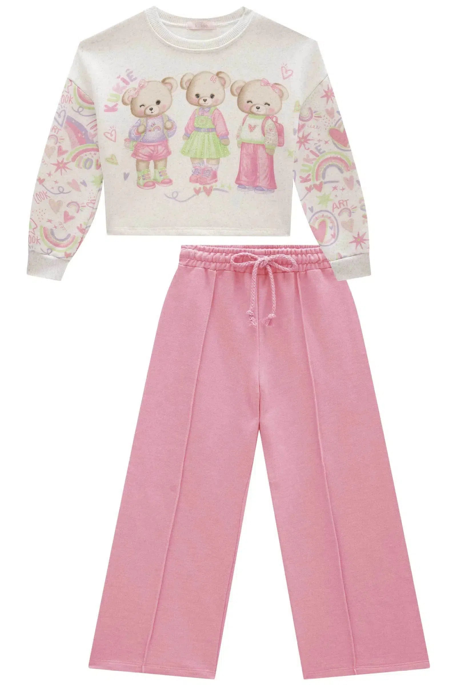 Conjunto de Blusão Boxy e Calça Wide Leg em Moletom S/ Pelúcia 81146 Kukiê Infantil Menina