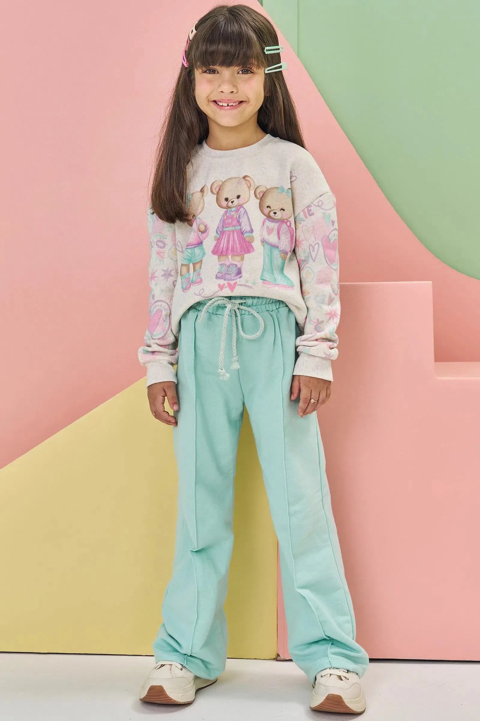 Conjunto de Blusão Boxy e Calça Wide Leg em Moletom S/ Pelúcia 81146 Kukiê Infantil Menina