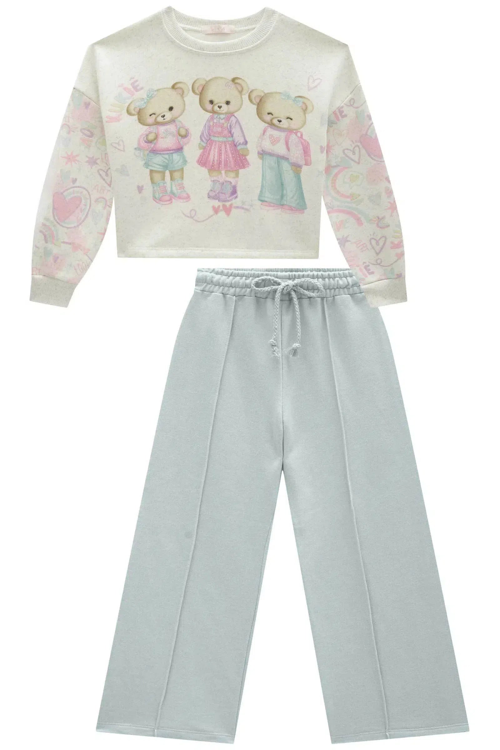 Conjunto de Blusão Boxy e Calça Wide Leg em Moletom S/ Pelúcia 81146 Kukiê Infantil Menina