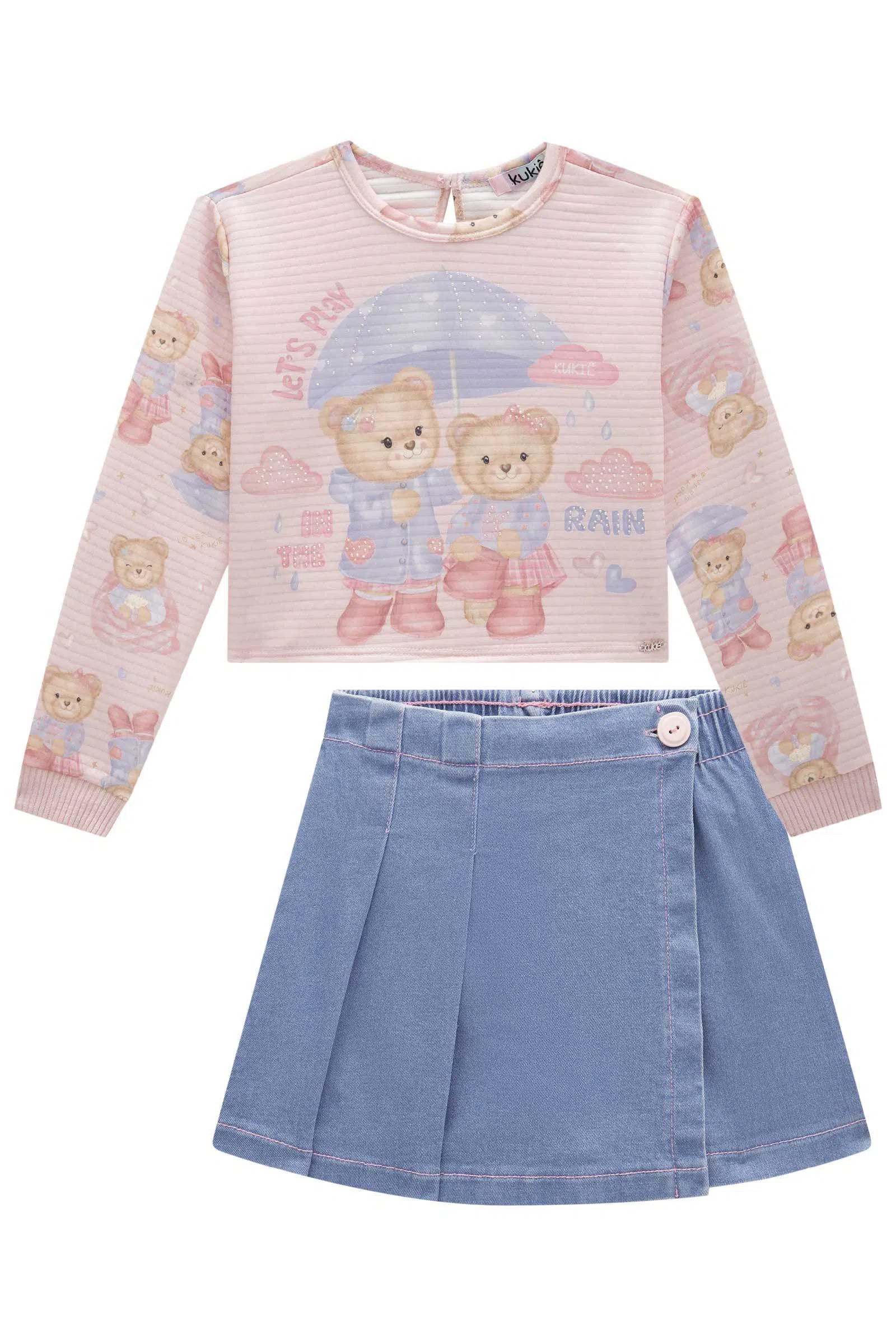 Conjunto de Blusão Boxy em Malha Canelada e Short Saia em Jeans Guga 79489 Kukiê Infantil Menina