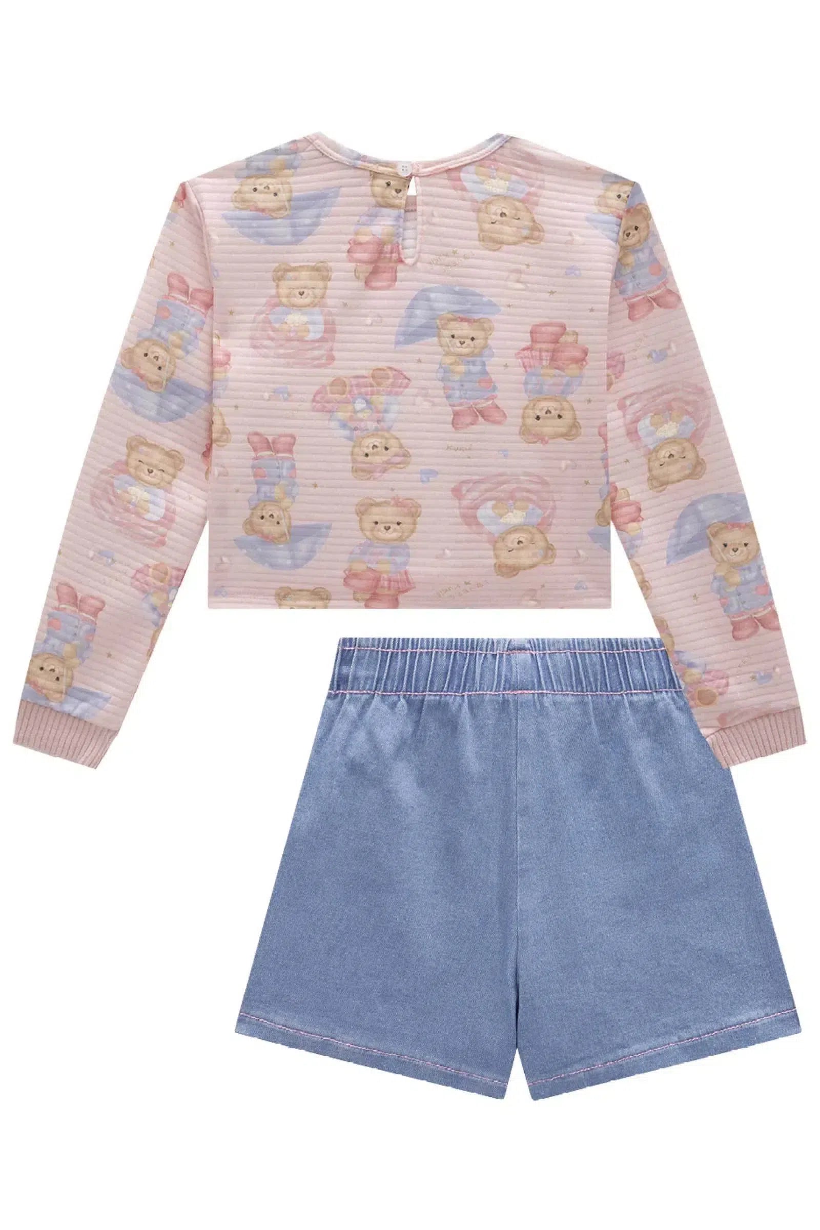 Conjunto de Blusão Boxy em Malha Canelada e Short Saia em Jeans Guga 79489 Kukiê Infantil Menina