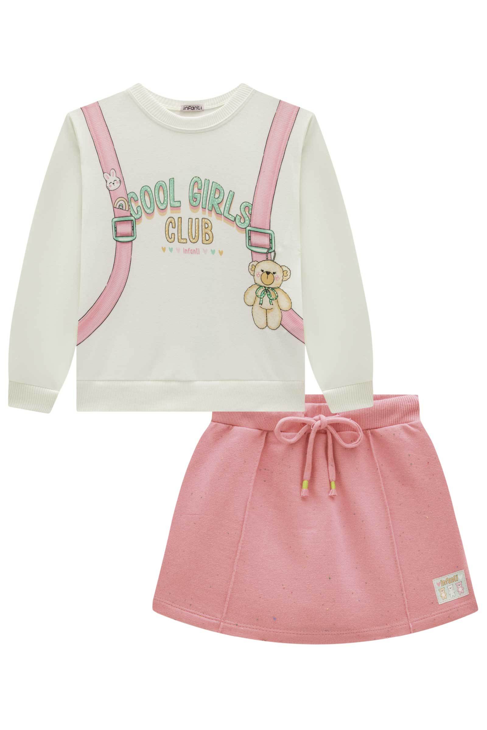 Conjunto de Blusão Boxy em Molecotton e Short Saia em Moletom Botonê sem Pelúcia 80628 Infanti Infantil Menina