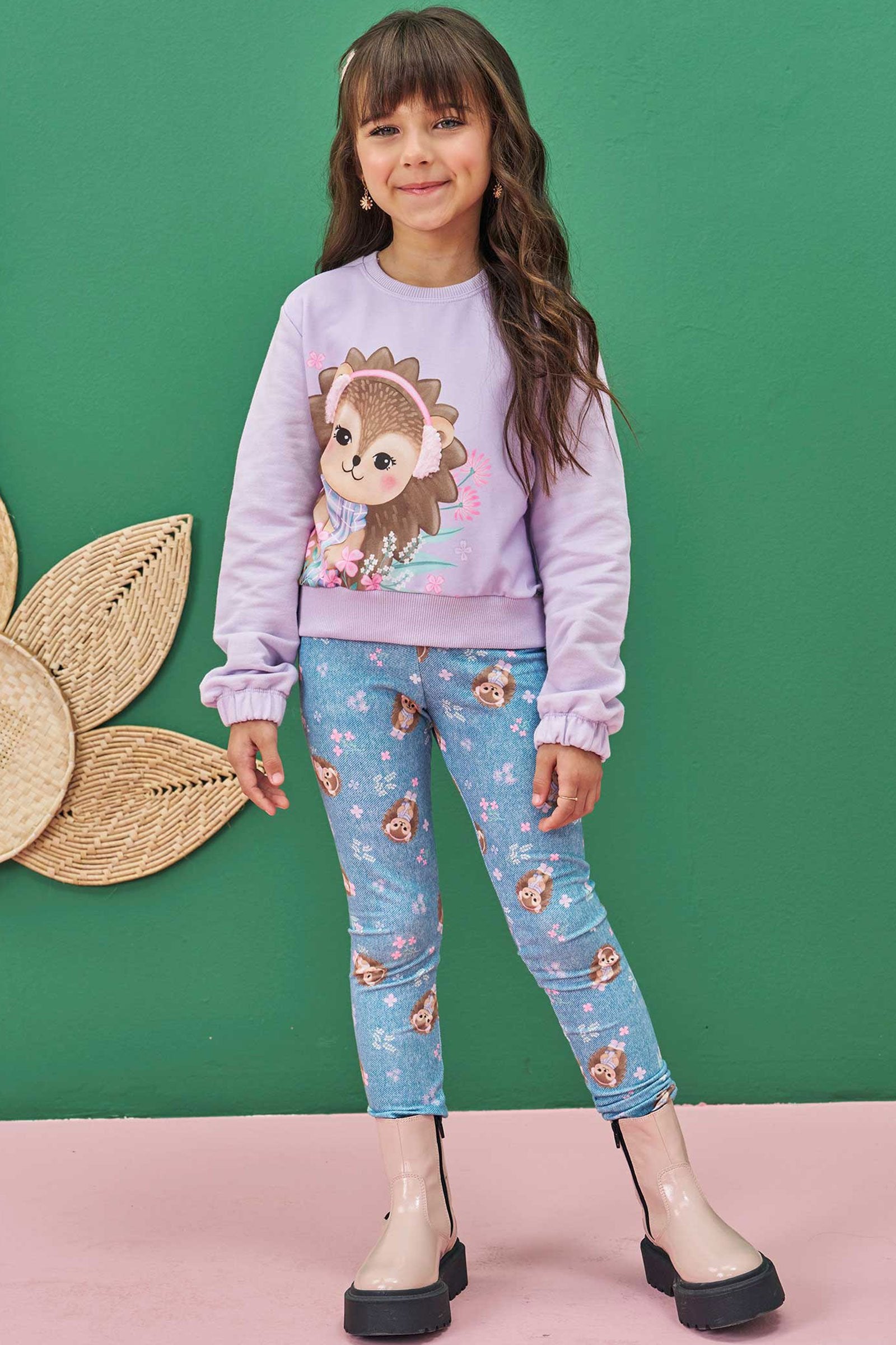 Conjunto de Blusão Boxy em Moletom sem Pelúcia com Calça Legging em Molecotton 79220 Infanti Infantil Menina