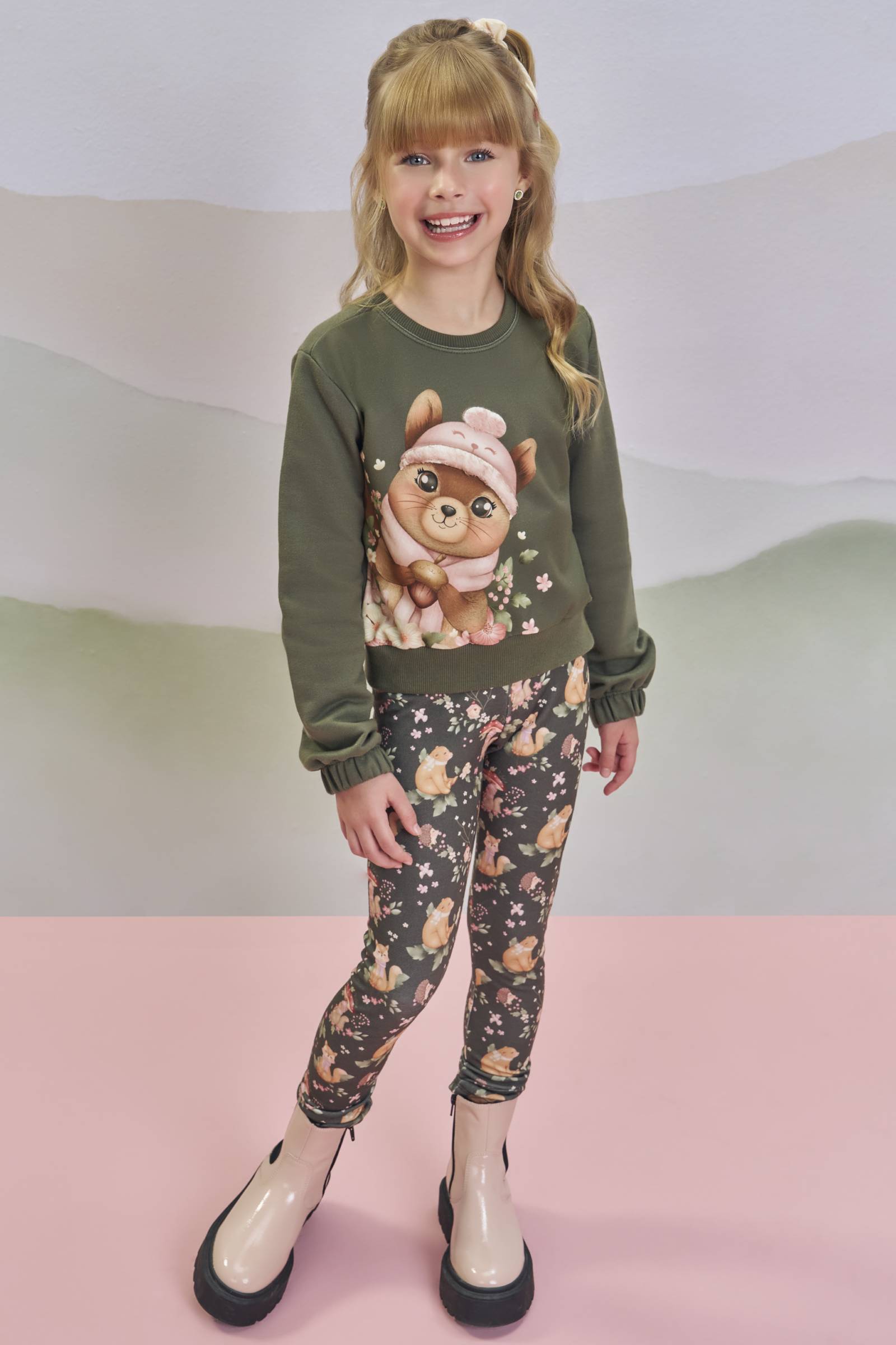 Conjunto de Blusão Boxy em Moletom sem Pelúcia com Calça Legging em Molecotton 79220 Infanti Infantil Menina