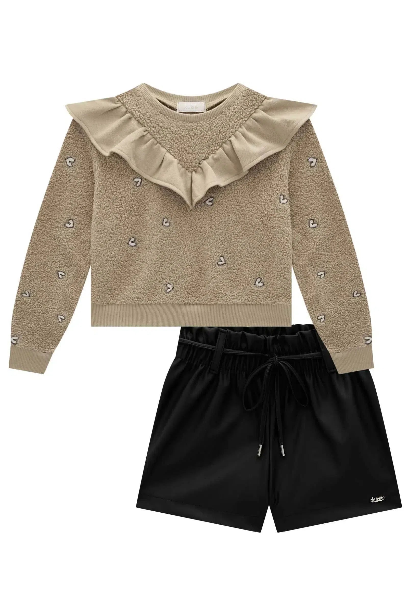 Conjunto de Blusão Boxy em Pelo Bordado e Shorts em Couro Eco 80811 Kukiê Infantil Menina