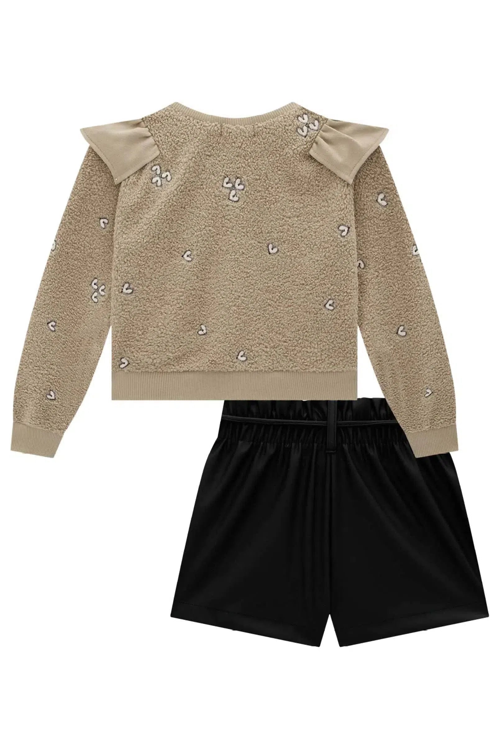 Conjunto de Blusão Boxy em Pelo Bordado e Shorts em Couro Eco 80811 Kukiê Infantil Menina