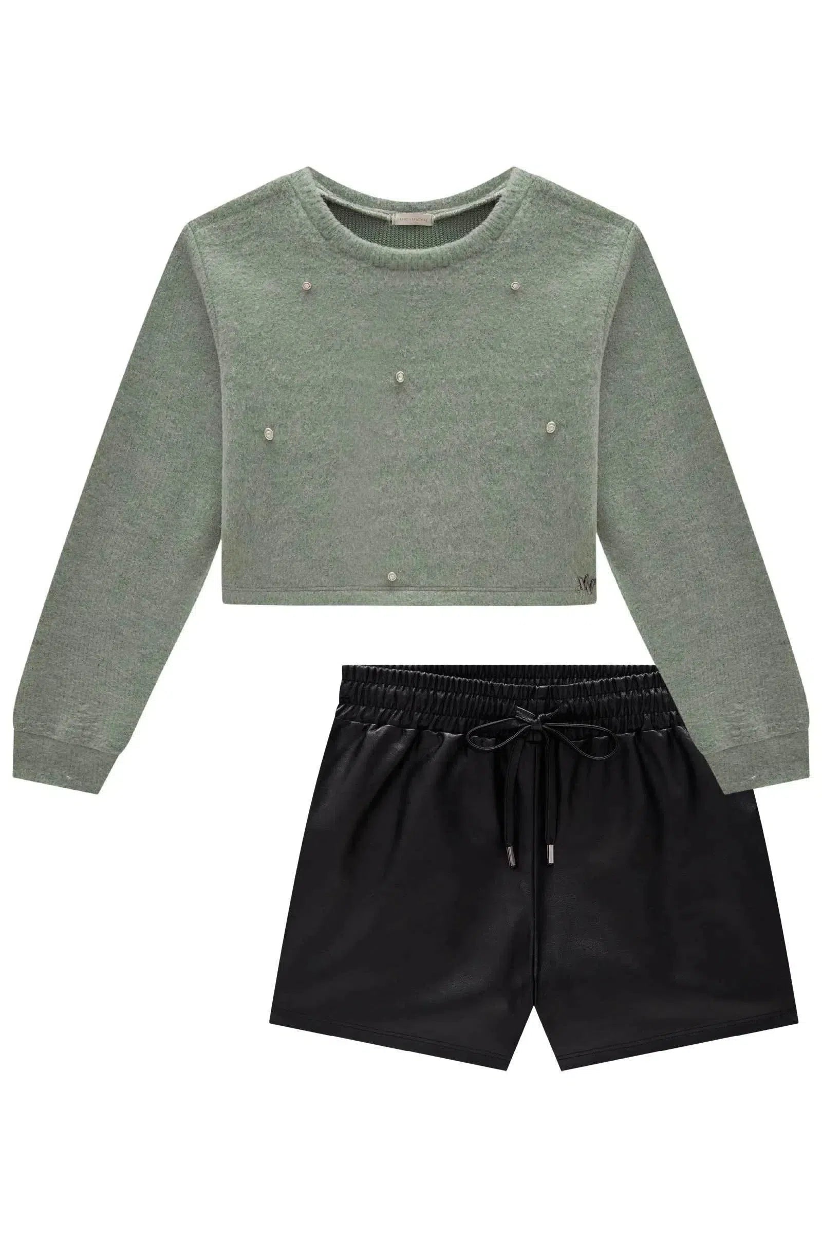 Conjunto de Blusão Boxy em Tricot Soft e Shorts em Couro Sintético 81020 Vic&Vicky Teen Menina