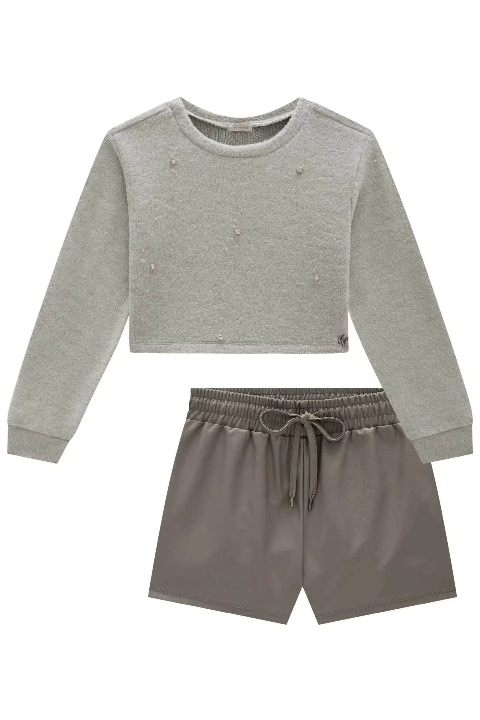 Conjunto de Blusão Boxy em Tricot Soft e Shorts em Couro Sintético 81020 Vic&Vicky Teen Menina