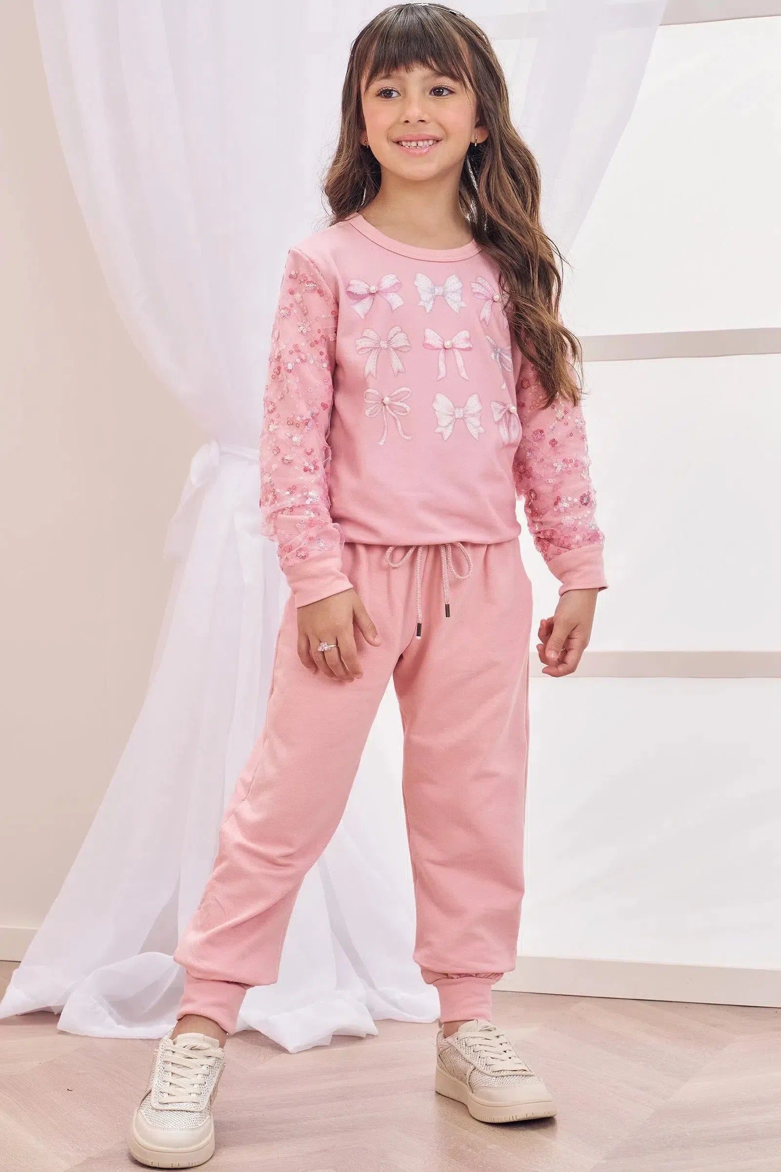 Conjunto de Blusão e Calça em Molecotton e Tule Paetê 81969 Infanti Infantil Menina