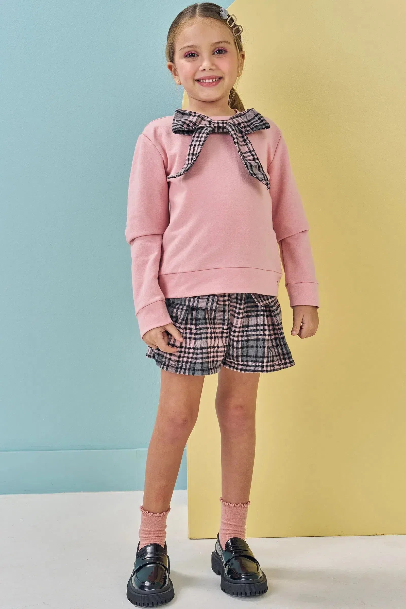 Conjunto de Blusão em Molecotton em e Shorts em Flanela Montreal 79477 Kukiê Infantil Menina