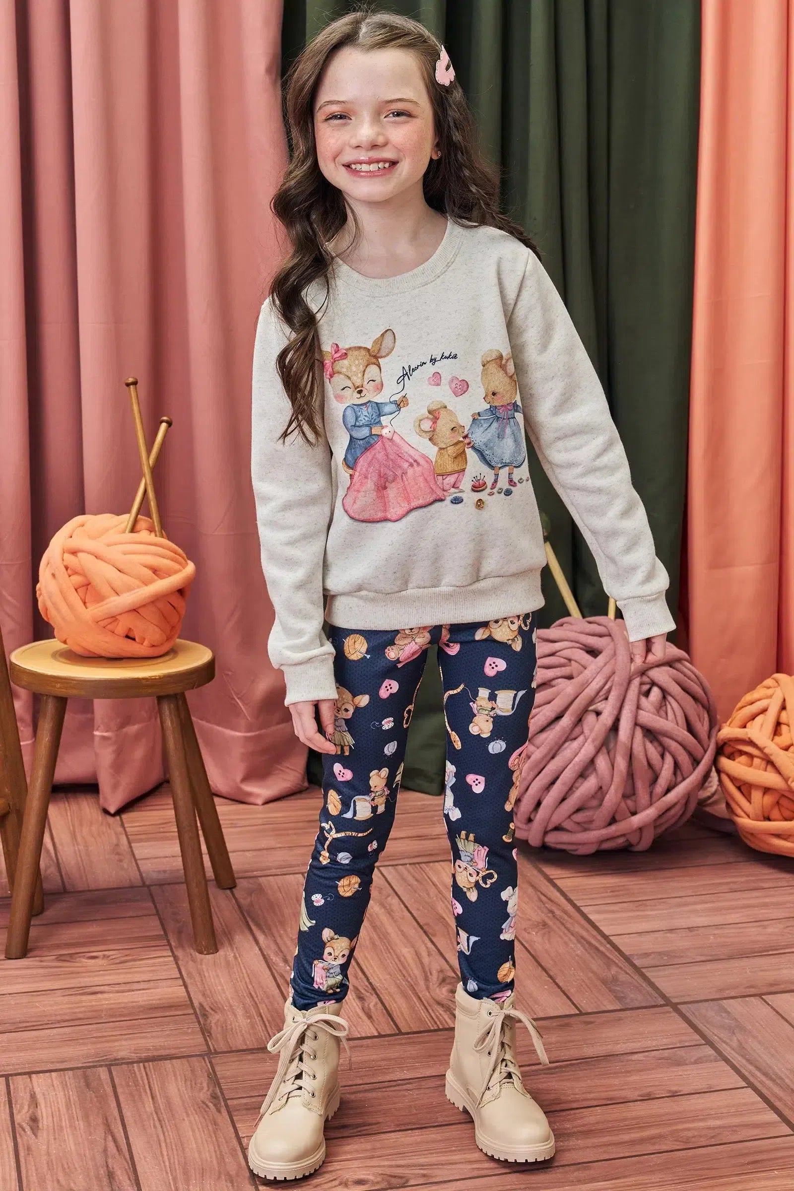 Conjunto de Blusão em Moletom 3 Cabos com Pelúcia e Legging em Termoskin 79677 Kukiê Infantil Menina