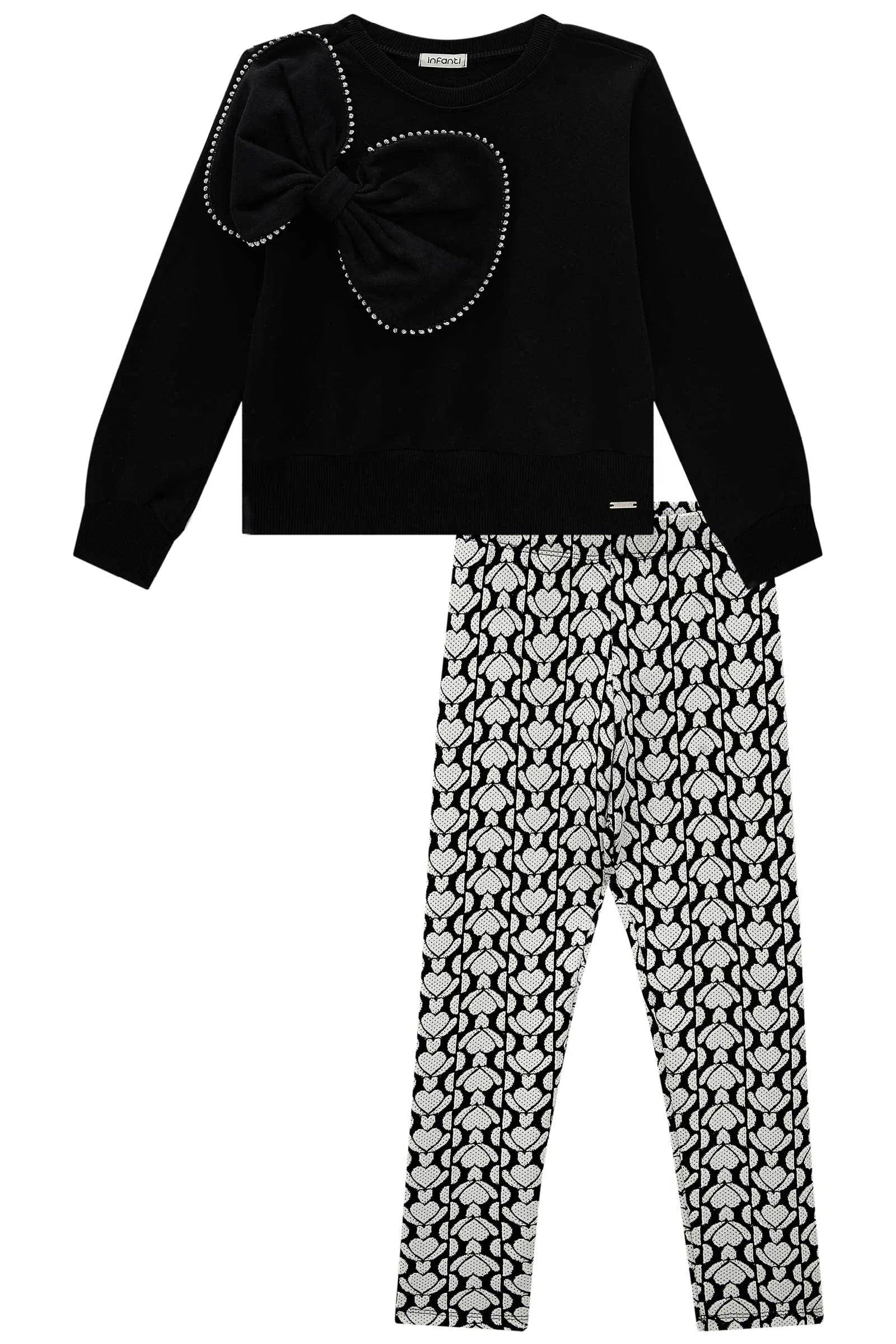 Conjunto de Blusão em Moletom com Pelúcia e Calça Legging em Jacquard Coração 80903 Infanti Infantil Menina