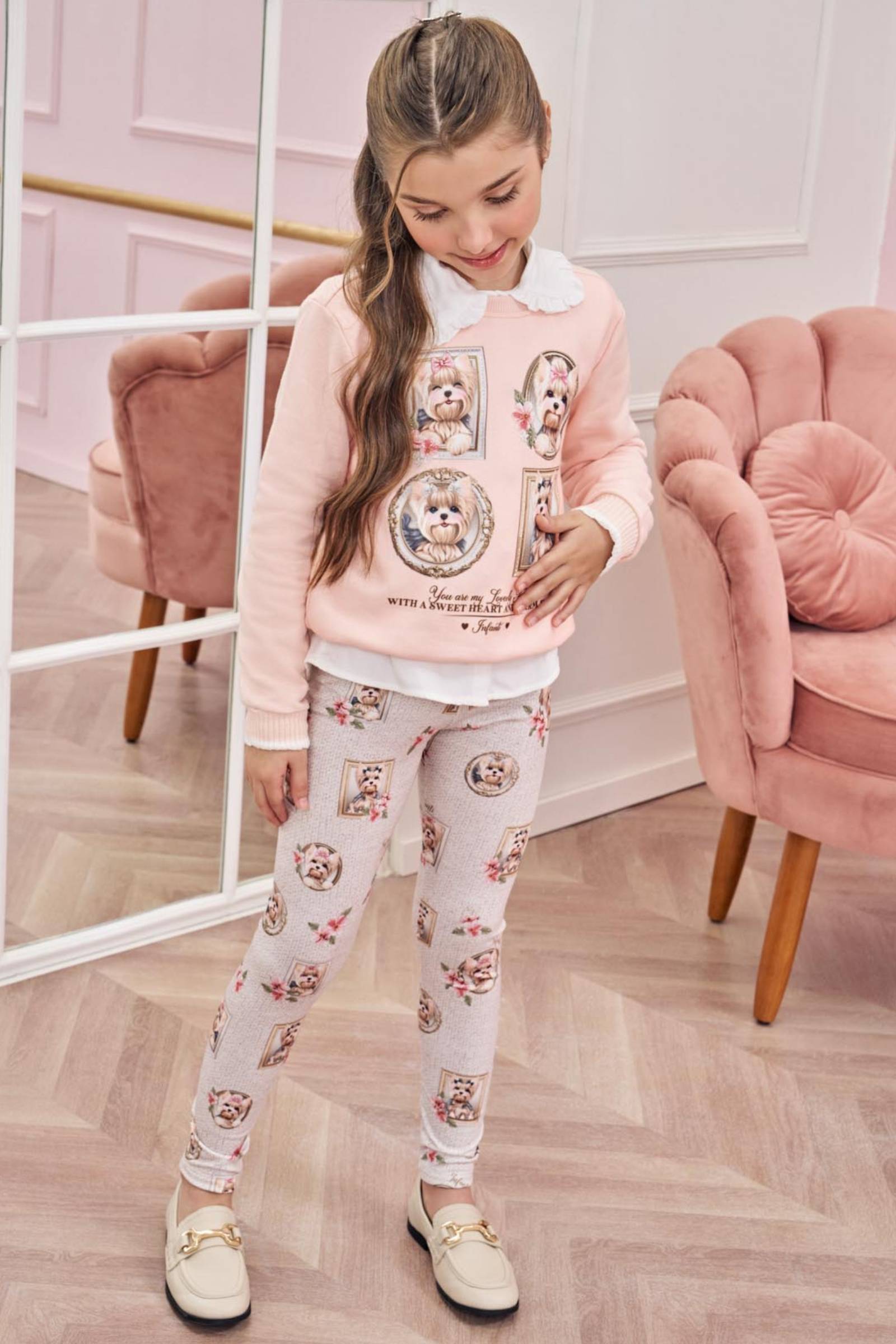 Conjunto de Blusão em Moletom com Pelúcia e Calça Legging em Termoskin Peluciado 79804 Infanti Infantil Menina