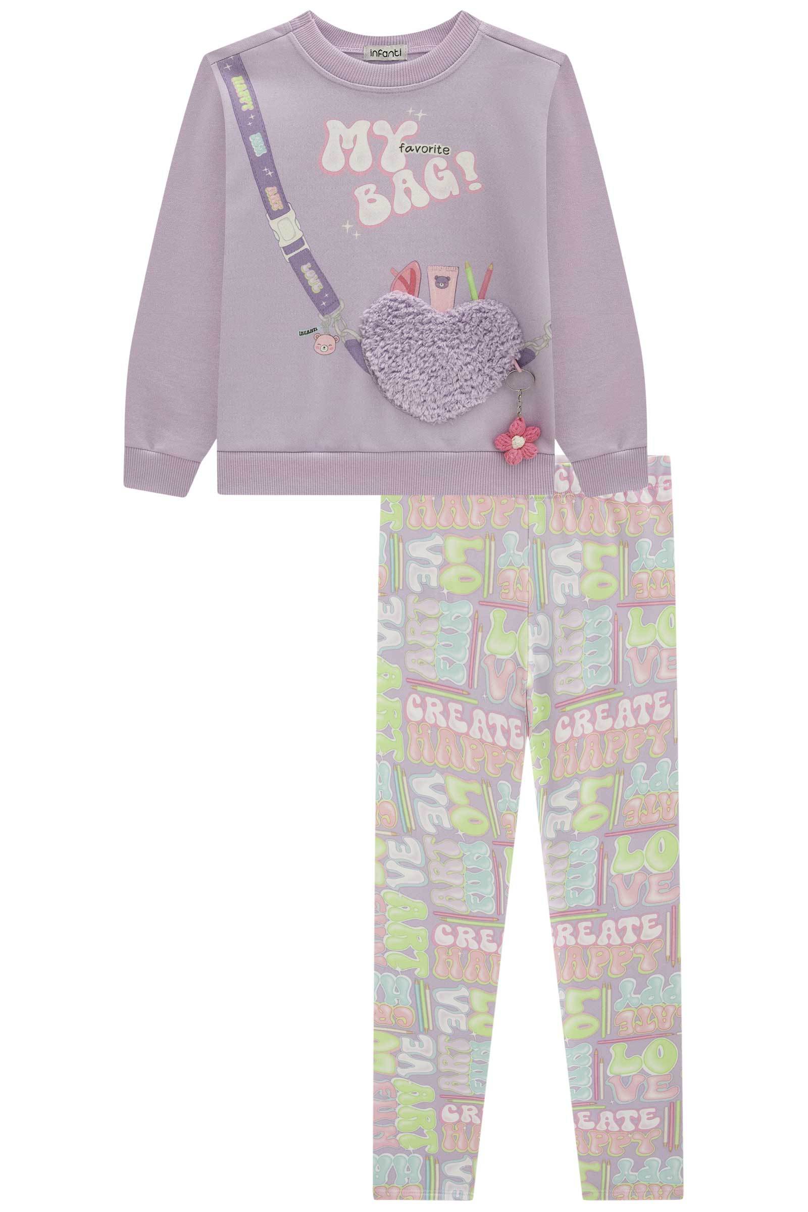 Conjunto de Blusão em Moletom com Pelúcia e Calça Legging em Termoskin Peluciado 80341 Infanti Infantil Menina