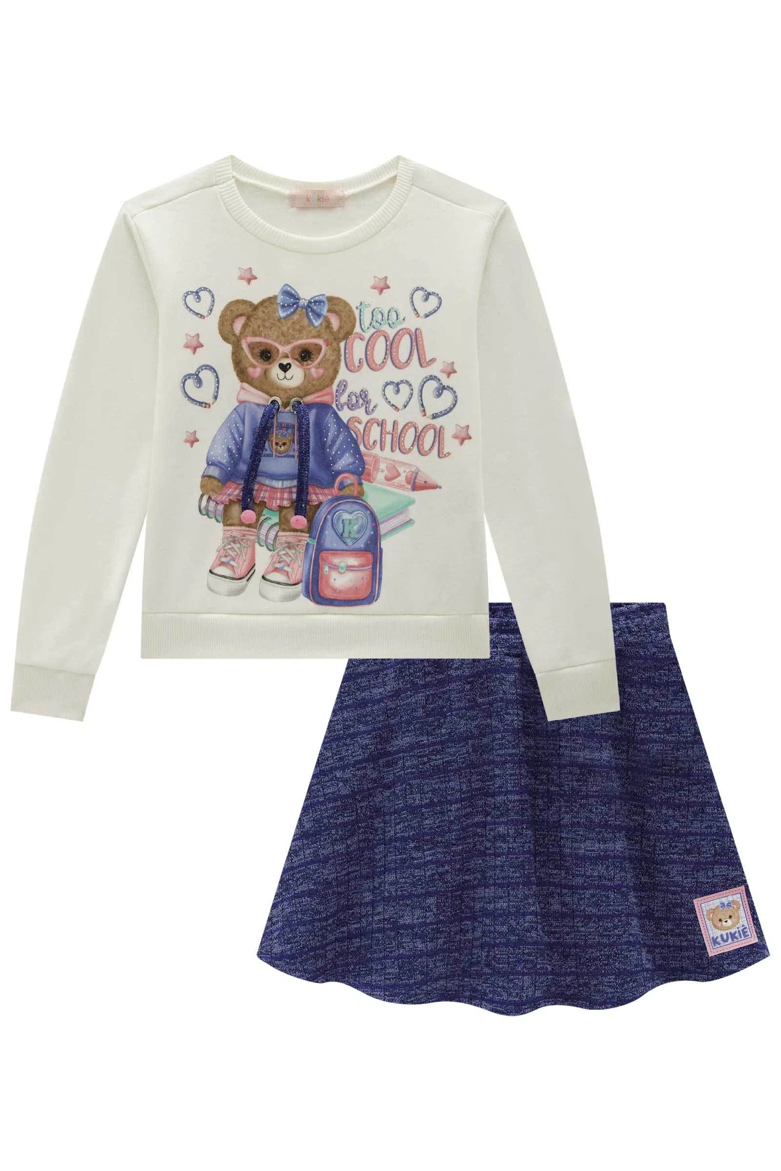 Conjunto de Blusão em Moletom com Pelúcia e Saia em Tricot 81277 Kukiê Infantil Menina