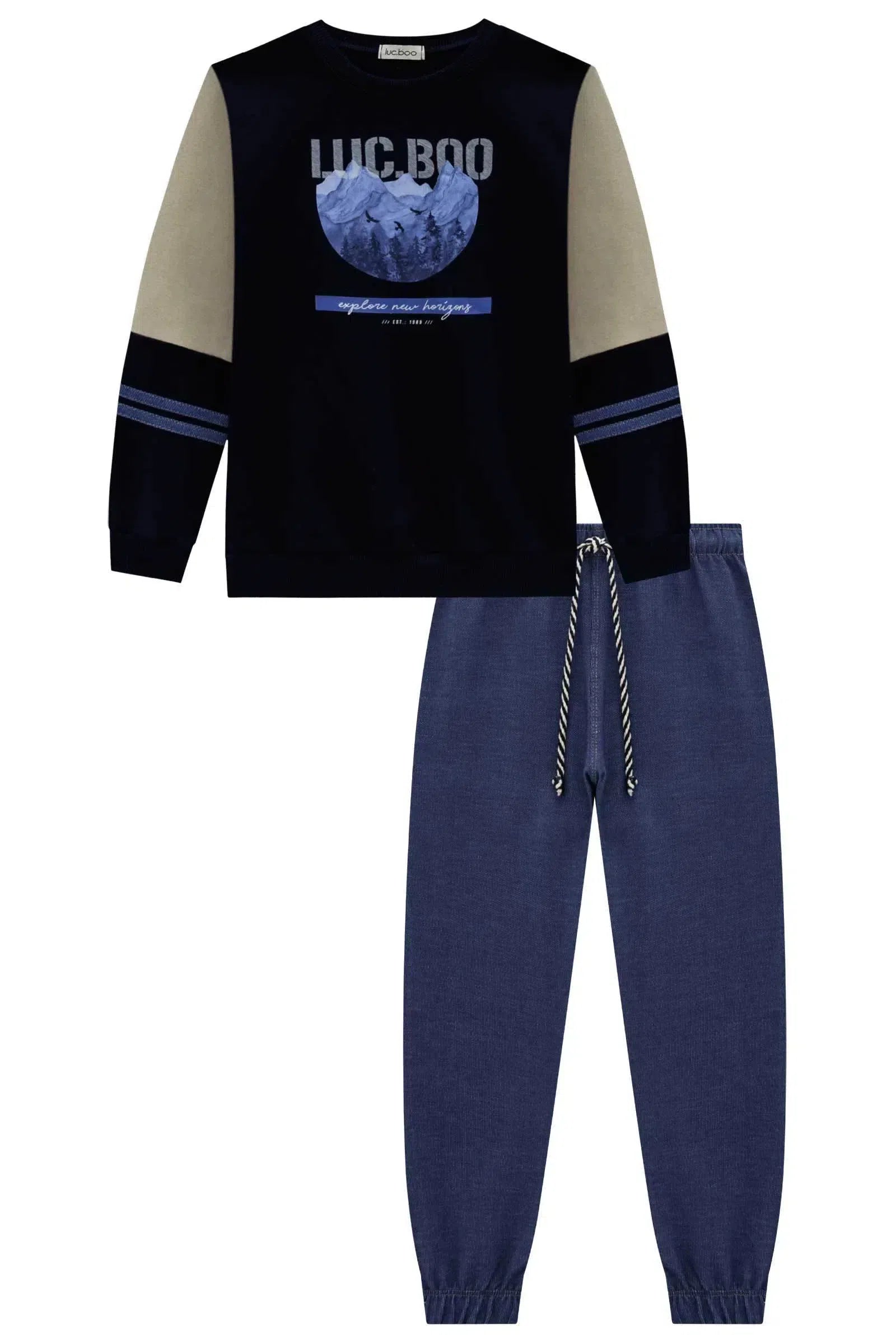 Conjunto de Blusão em Moletom sem Pelúcia e Calça Jogger em Malha Denim 80028 LucBoo Infantil Menino