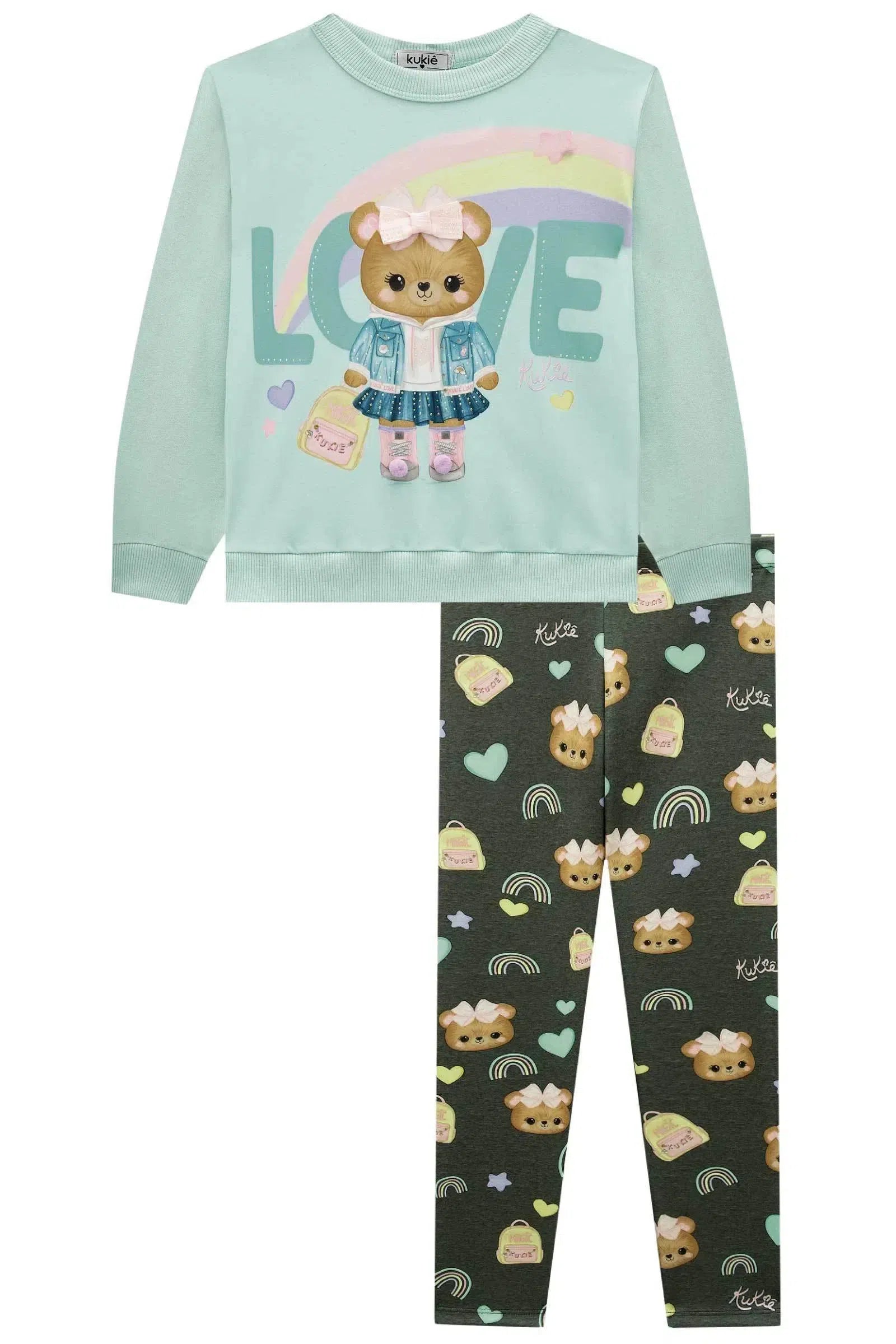 Conjunto de Blusão em Moletom sem Pelúcia e Calça Legging em Fly Tech 81163 Kukiê Infantil Menina