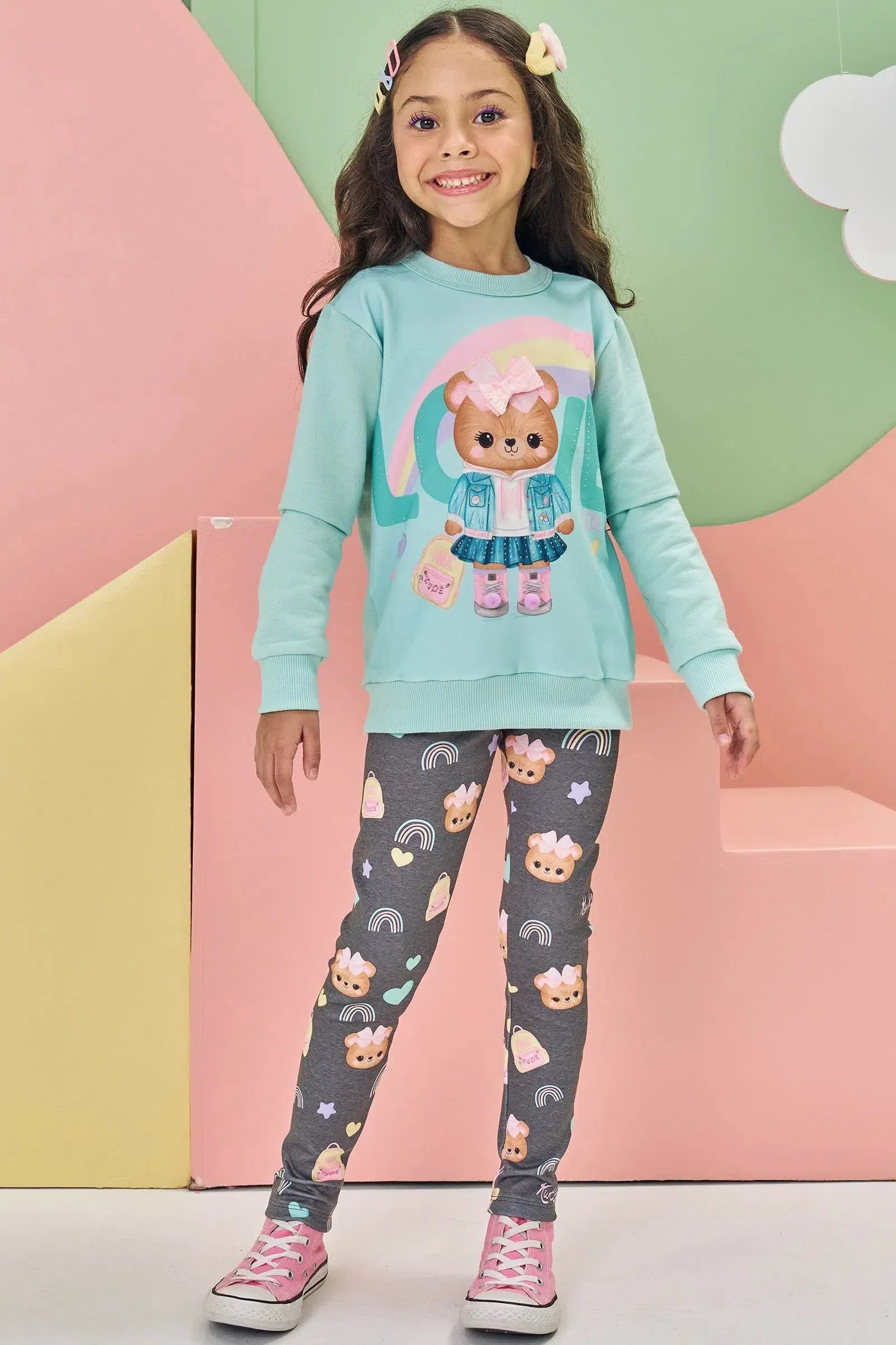 Conjunto de Blusão em Moletom sem Pelúcia e Calça Legging em Fly Tech 81163 Kukiê Infantil Menina