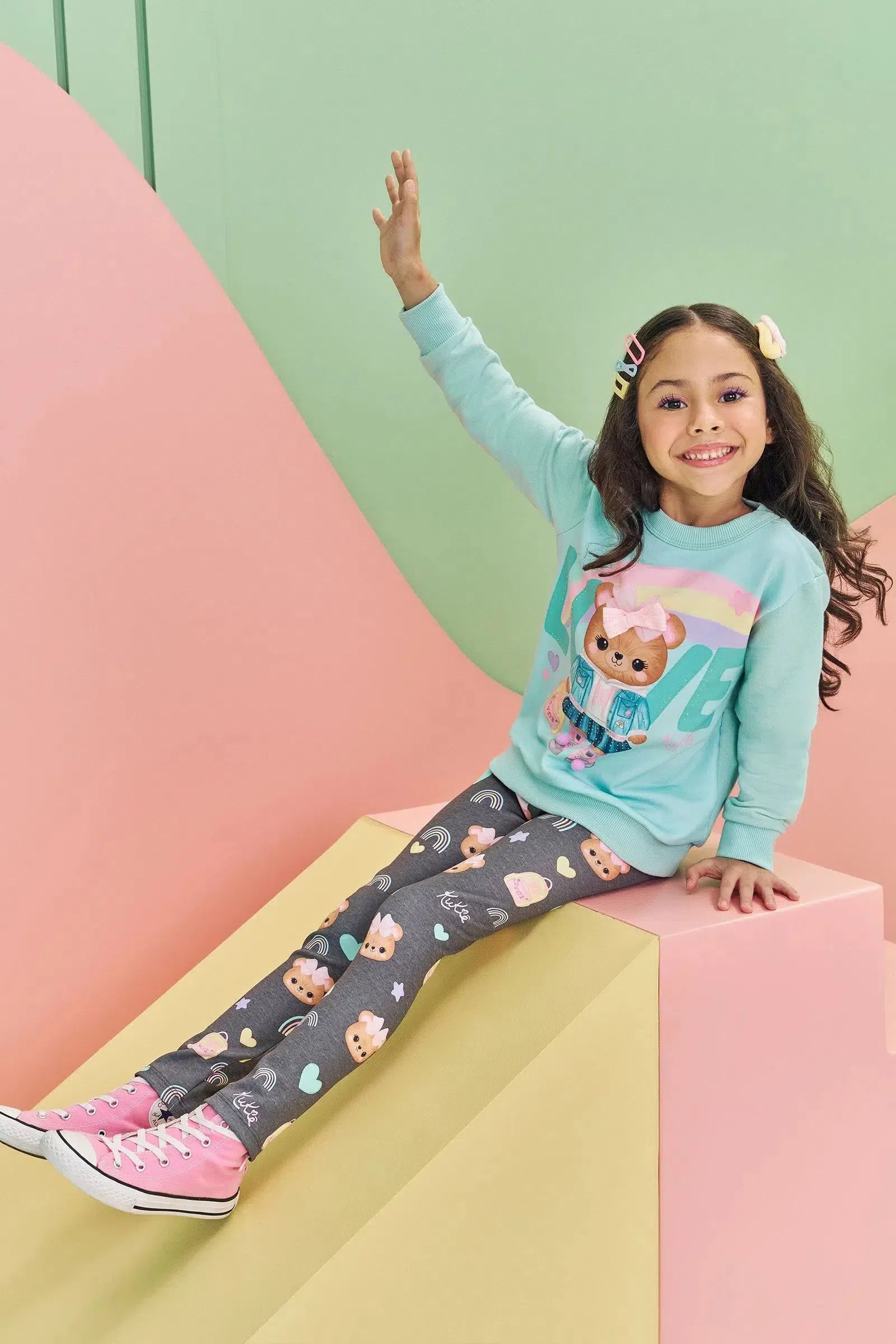 Conjunto de Blusão em Moletom sem Pelúcia e Calça Legging em Fly Tech 81163 Kukiê Infantil Menina