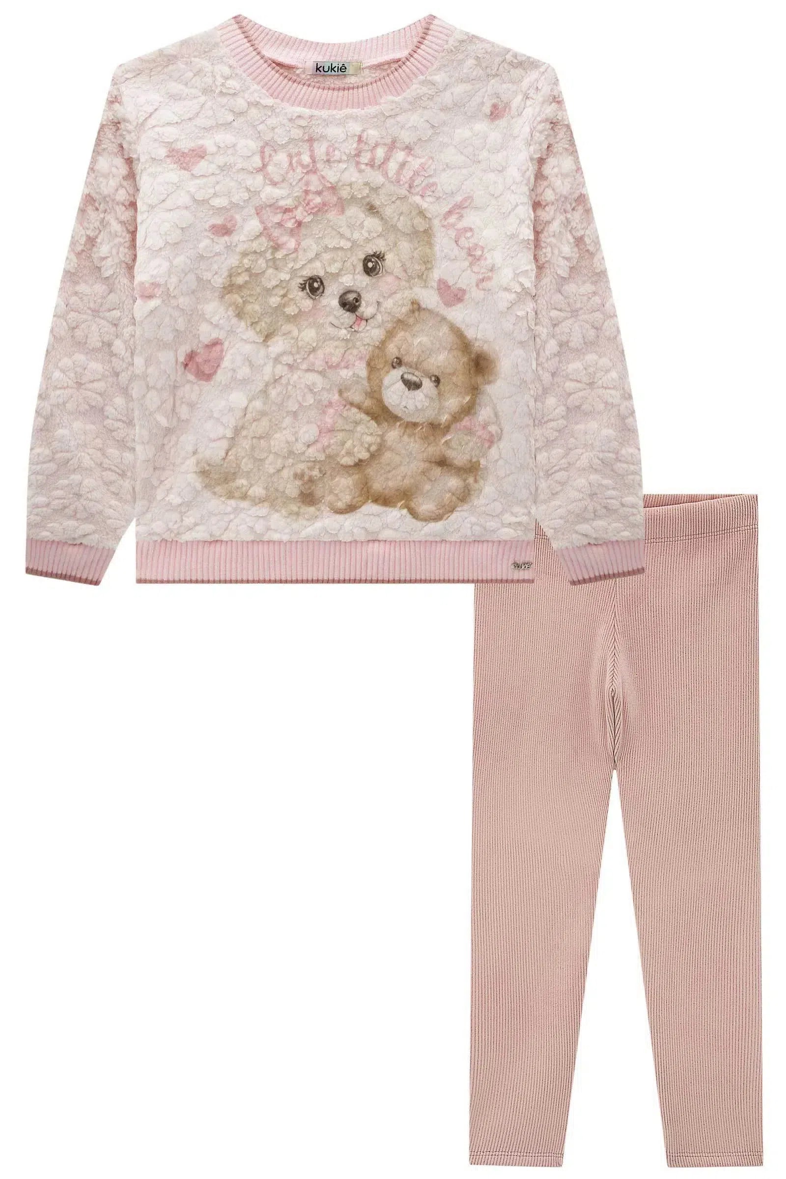 Conjunto de Blusão em Pelo e Calça Legging em Fleece Cotelê com Elastano 80175 Kukiê Infantil Menina