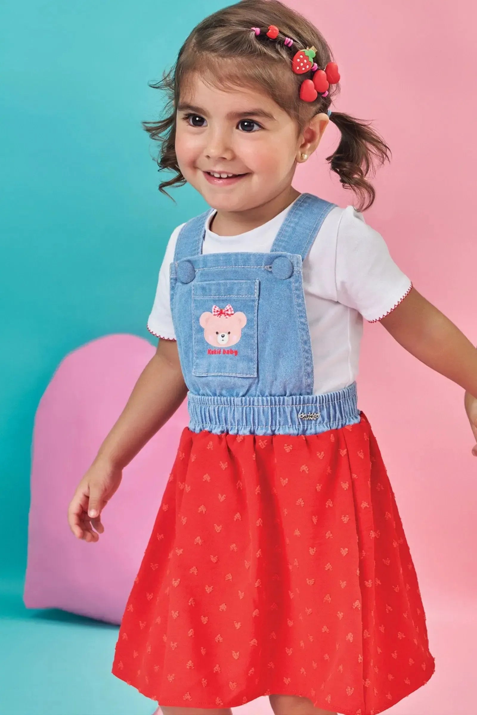 Conjunto de Body em Cotton e Salopete em Jeans com Elastano e Tecido Textura 85780 Kukiê Bebê Menina