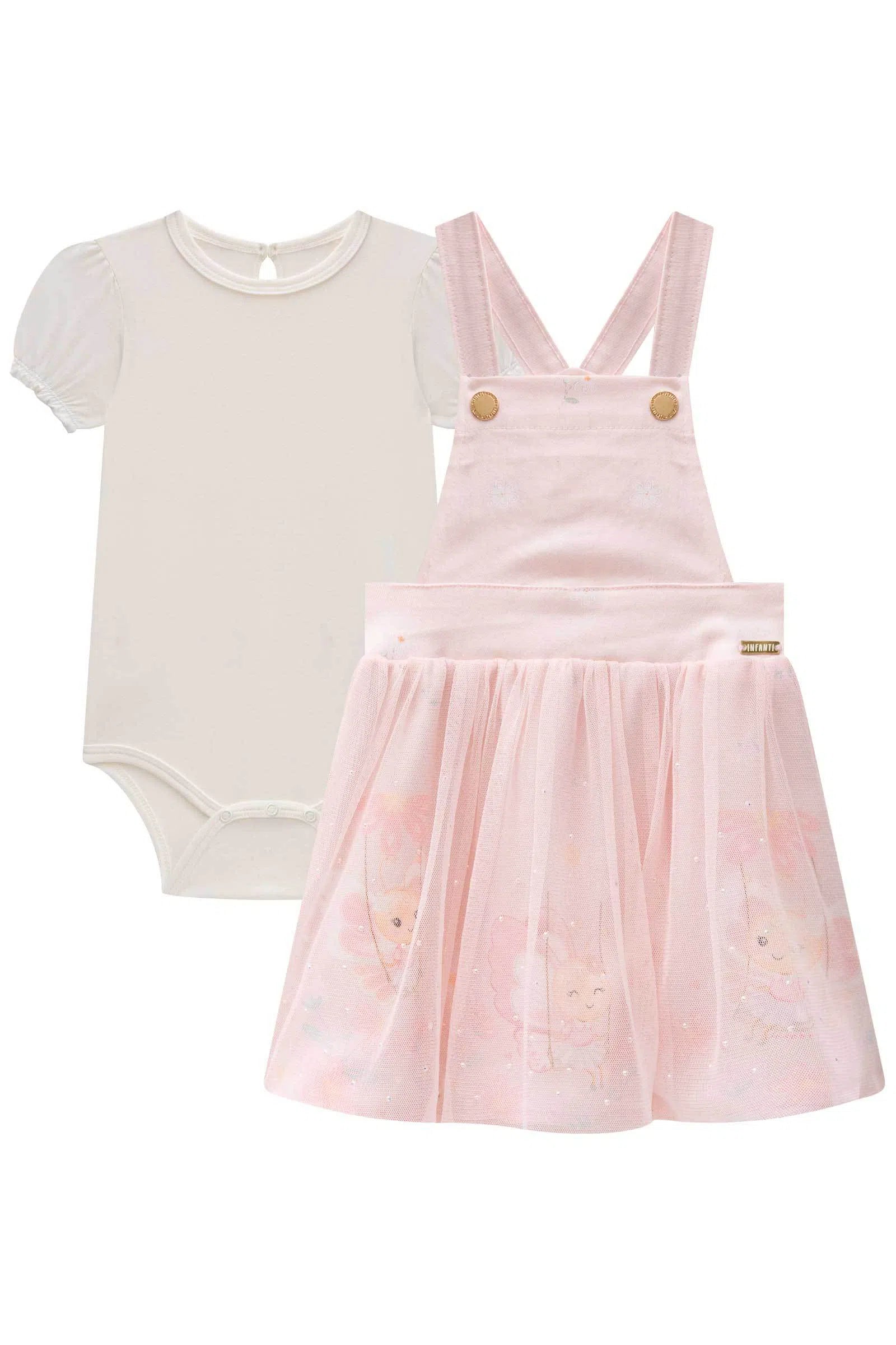 Conjunto de Body em Cotton e Salopete em Sarja Stretch com Elastano e Tule 75175 Infanti