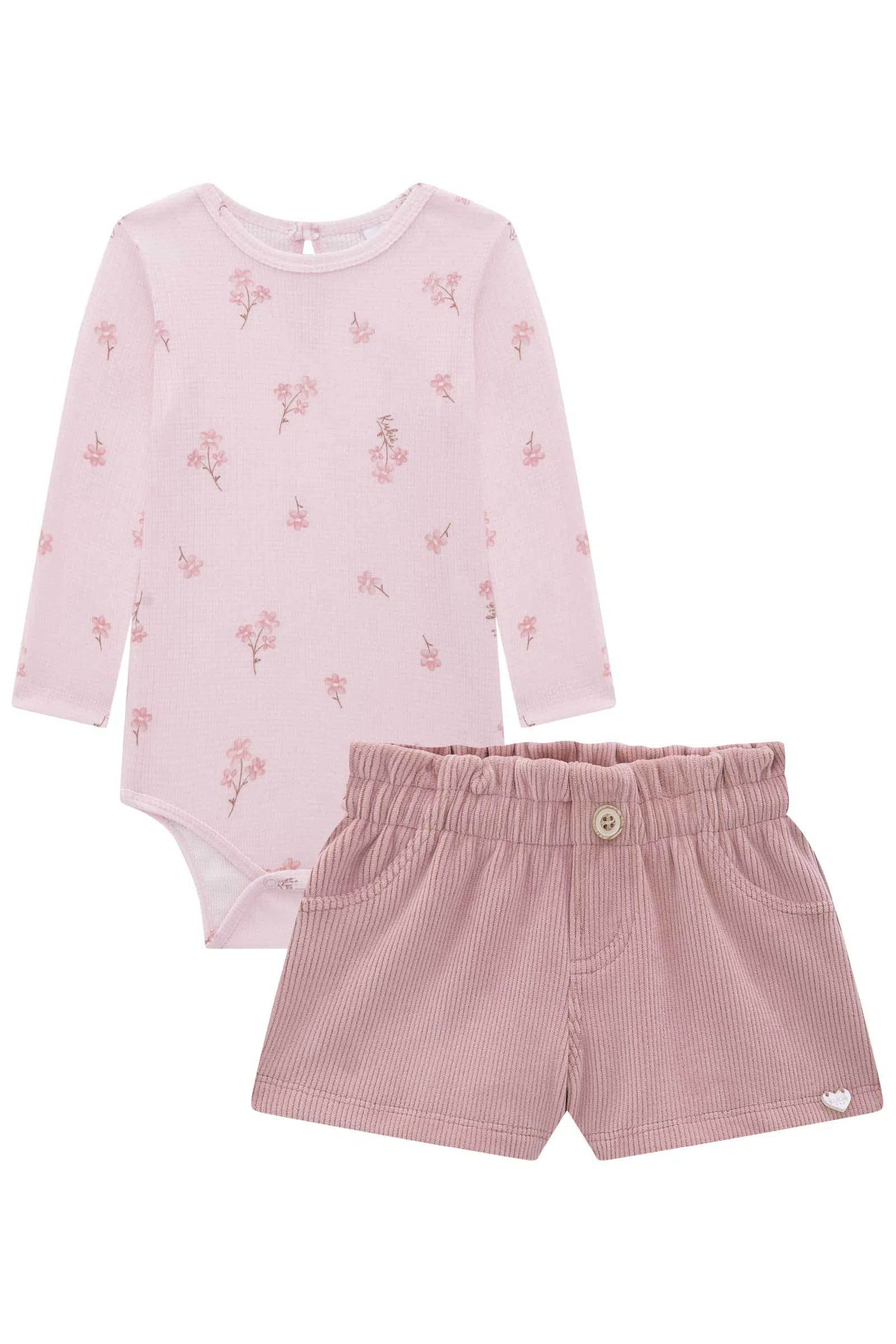 Conjunto de Body em Malha Waffle e Shorts em Fleece Cotetê com Elastano 80331 Kukiê Bebê Menina