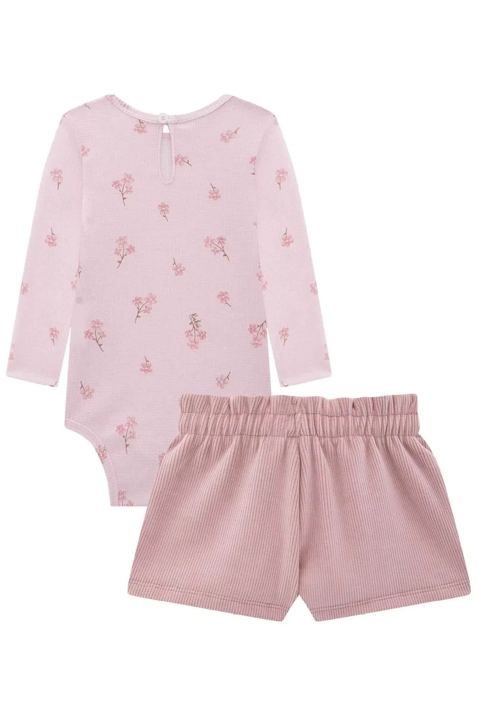 Conjunto de Body em Malha Waffle e Shorts em Fleece Cotetê com Elastano 80331 Kukiê Bebê Menina