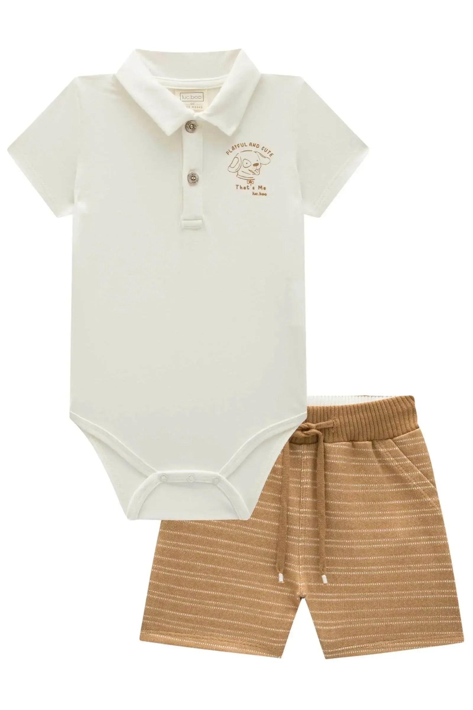 Conjunto de Body Polo em Cotton e Bermuda em Moletom Listrado sem Pelúcia 84799 LucBoo Bebê Menino