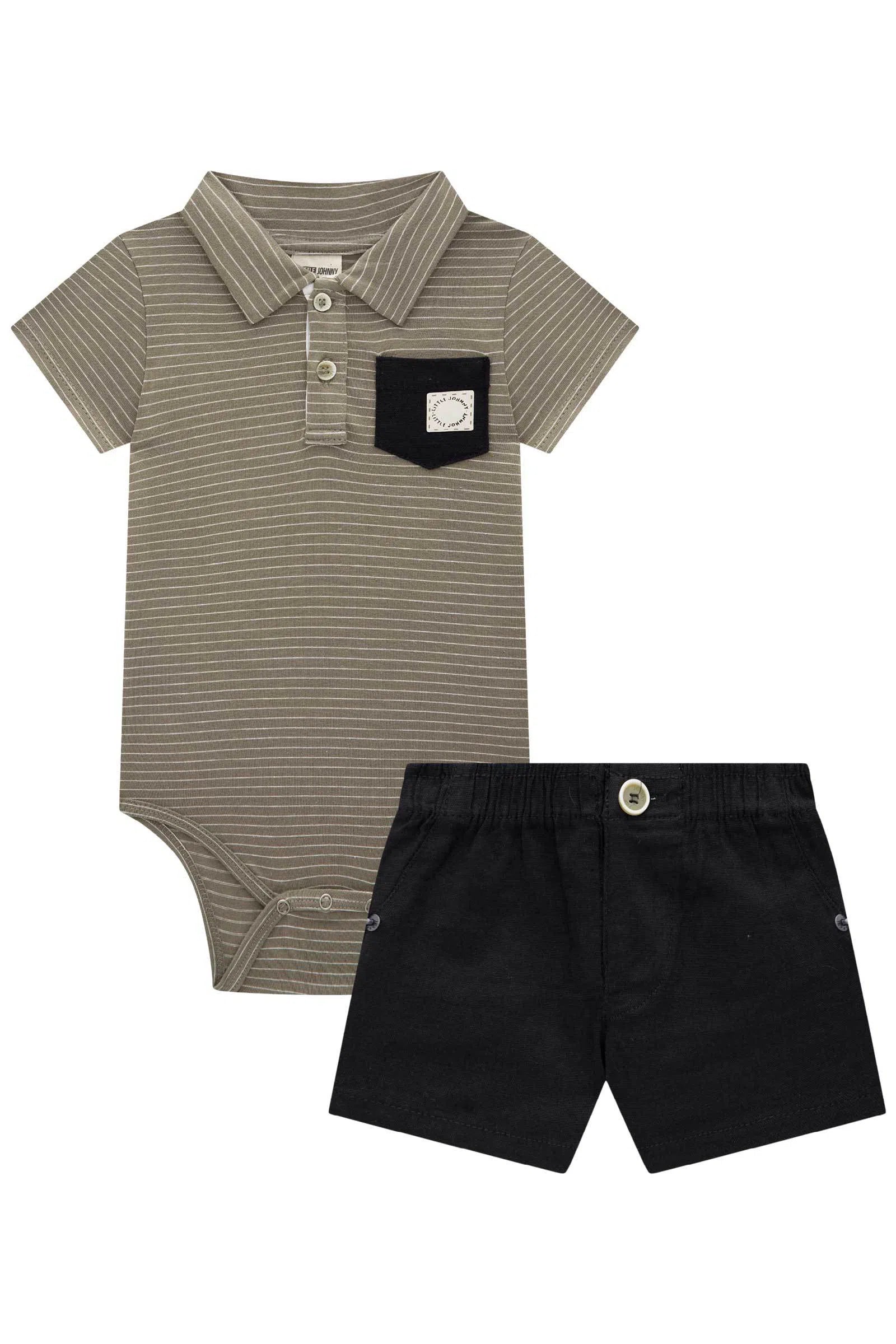 Conjunto de Body Polo em Cotton Listrado Fio Tinto e Bermuda em Linho Panamá com Elastano 74366 Johnny Fox