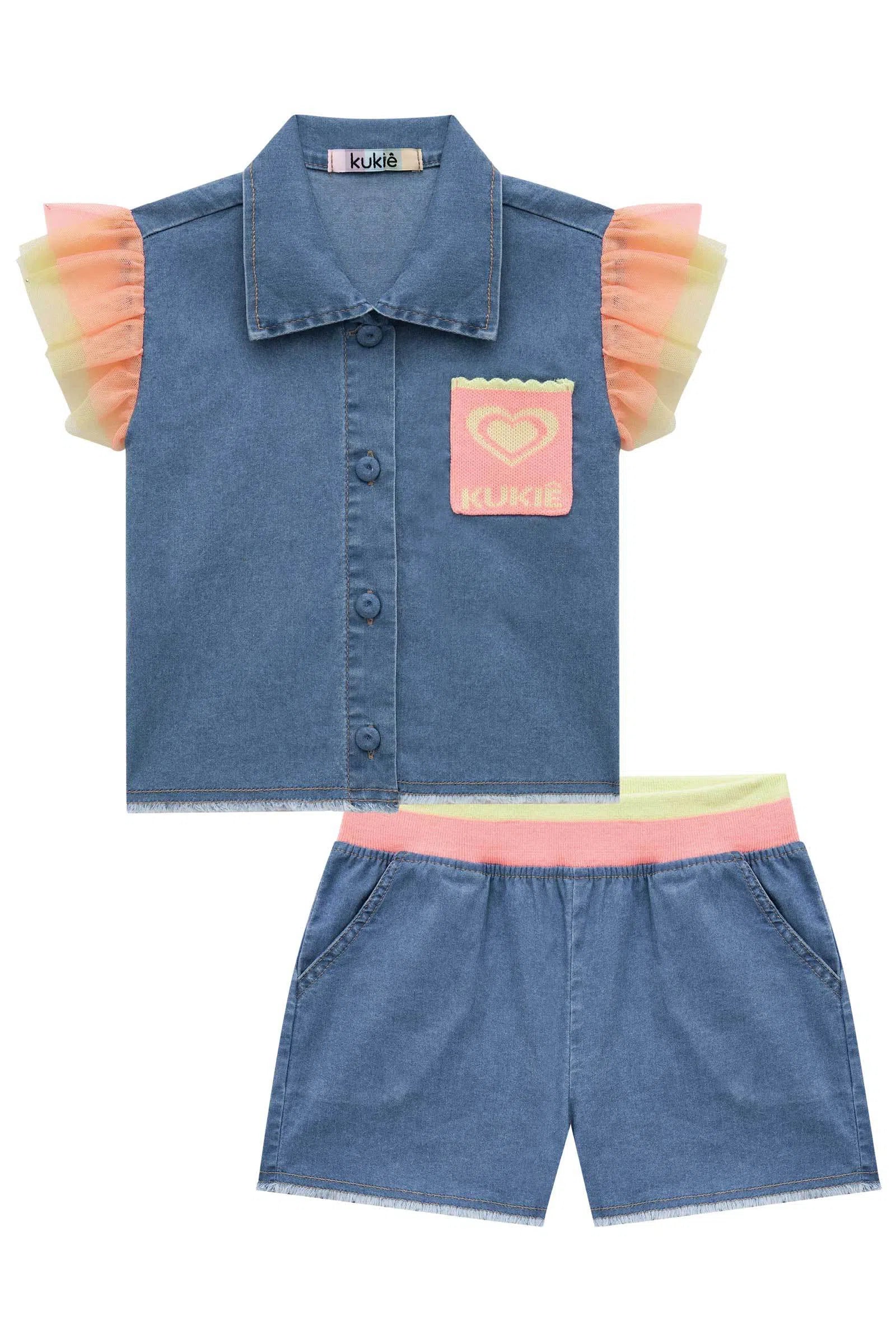 Conjunto de Camisa Boxy e Shorts em Jeans Liz e Tule 75817 Kukiê