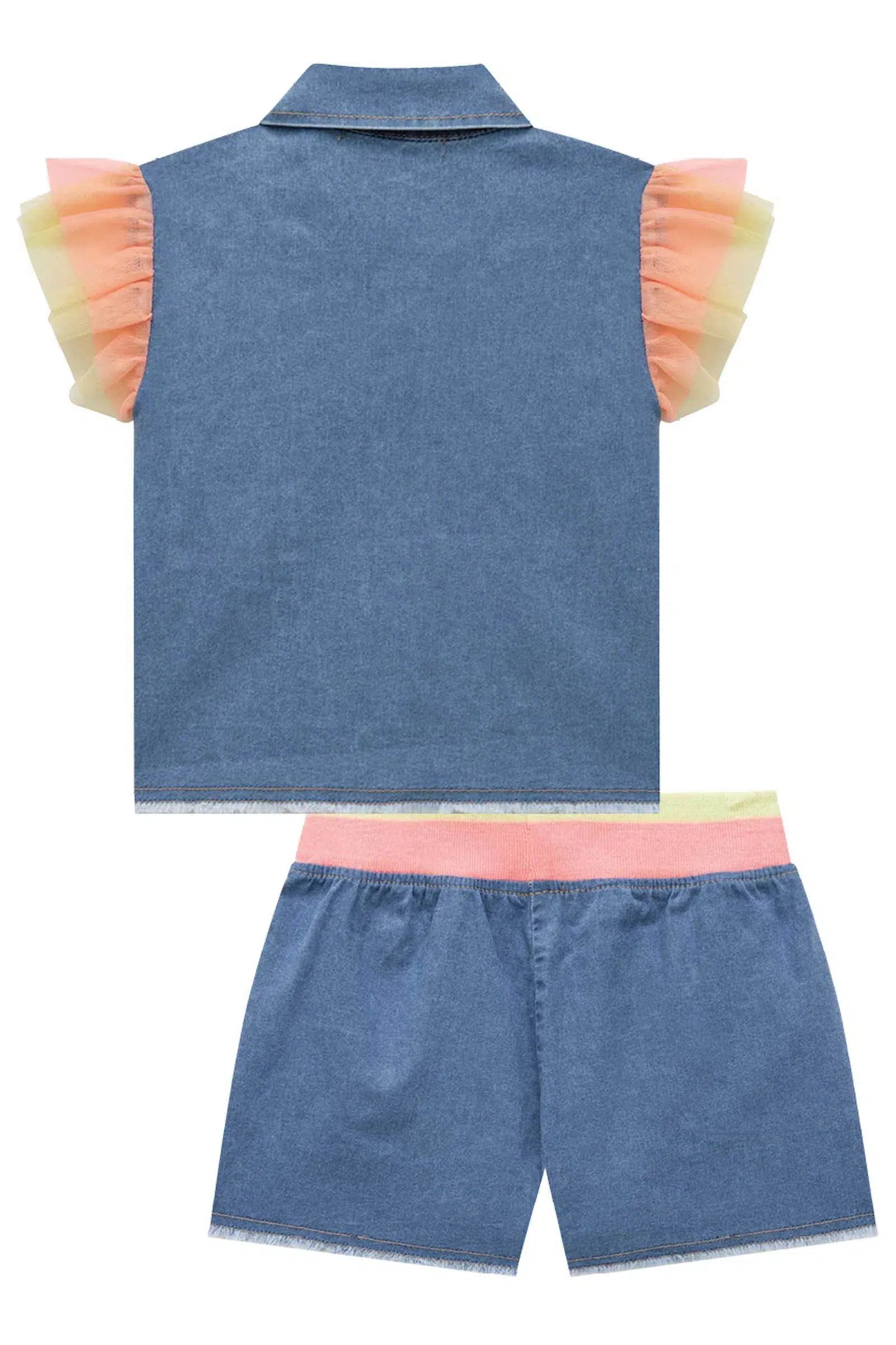 Conjunto de Camisa Boxy e Shorts em Jeans Liz e Tule 75817 Kukiê