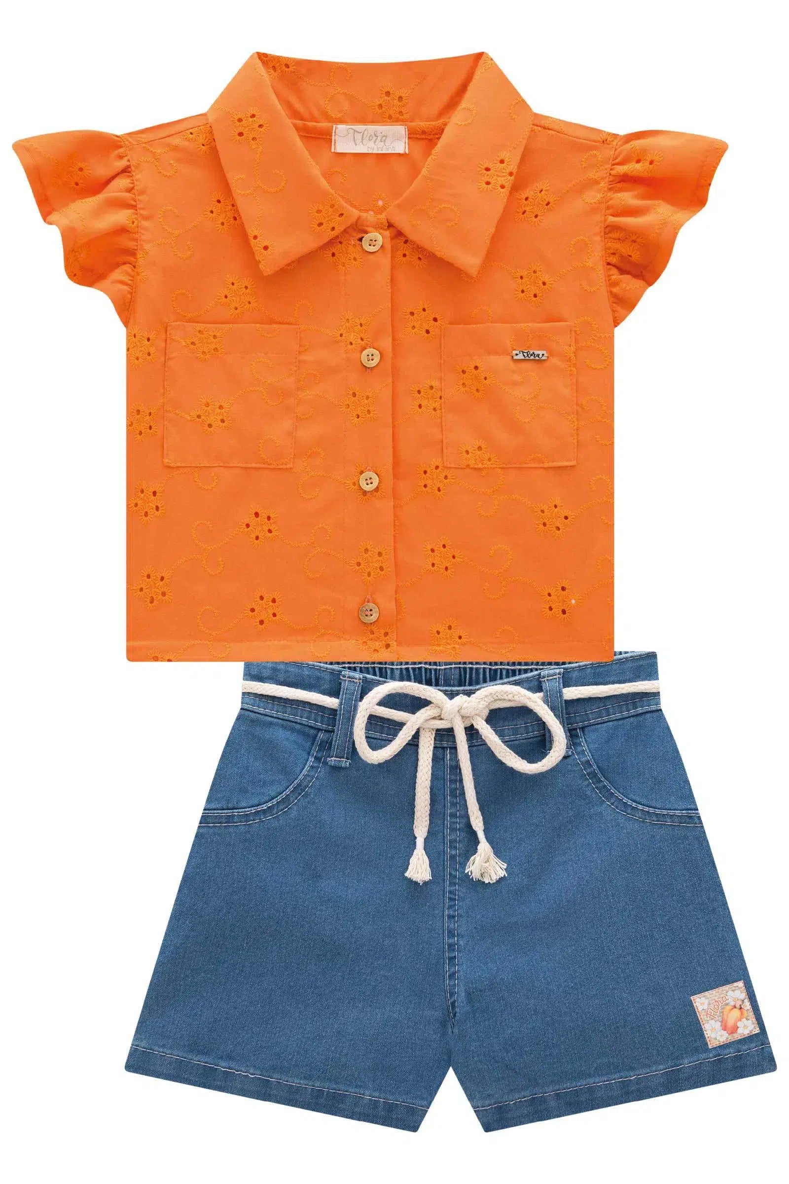 Conjunto de Camisa Boxy em Laise e Shorts em Jeans Bellini com Elastano 77055 Infanti