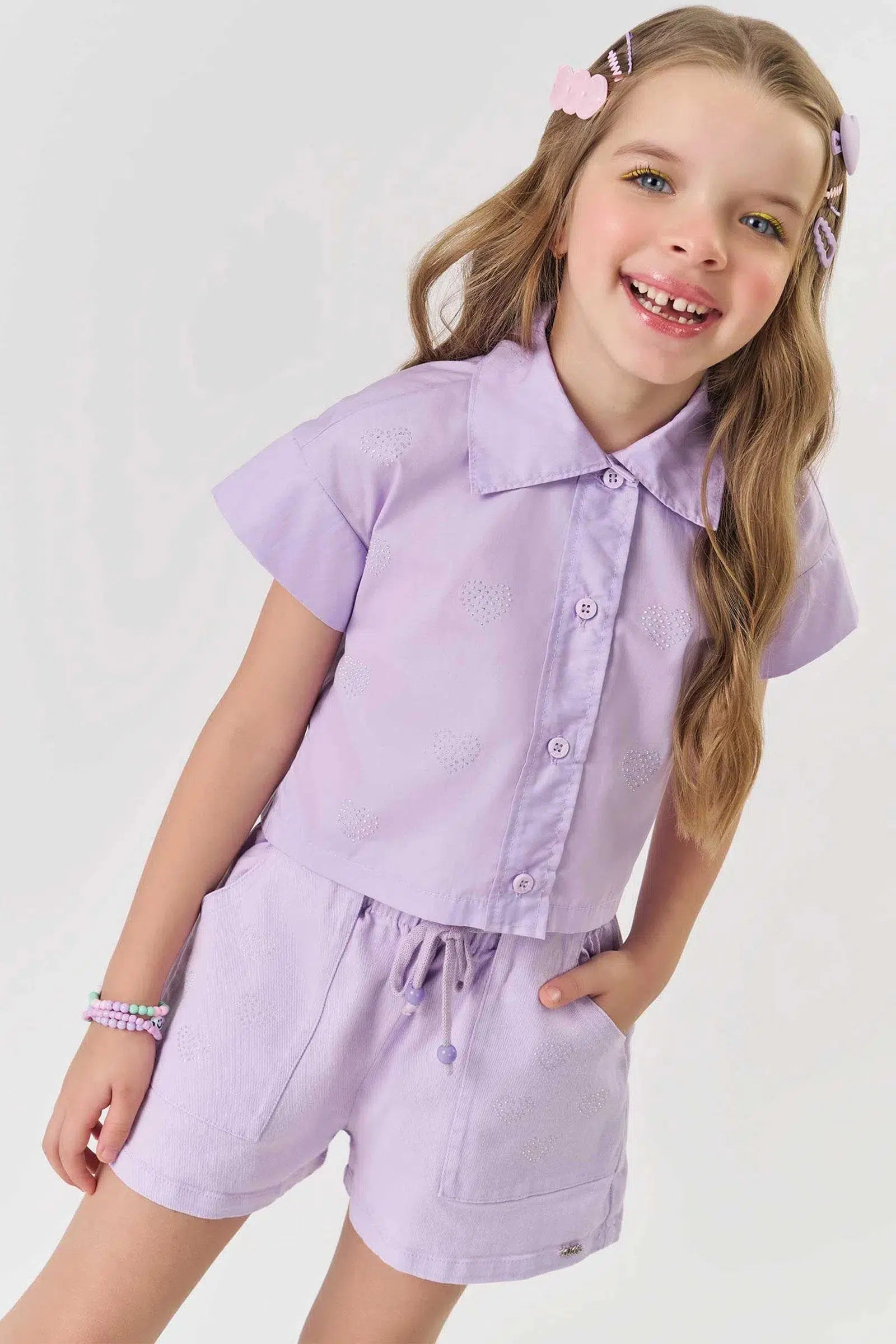 Conjunto Infantil Menina de Camisa Boxy em Tricoline e Shorts em Sarja com Elastano 81669 Kukiê