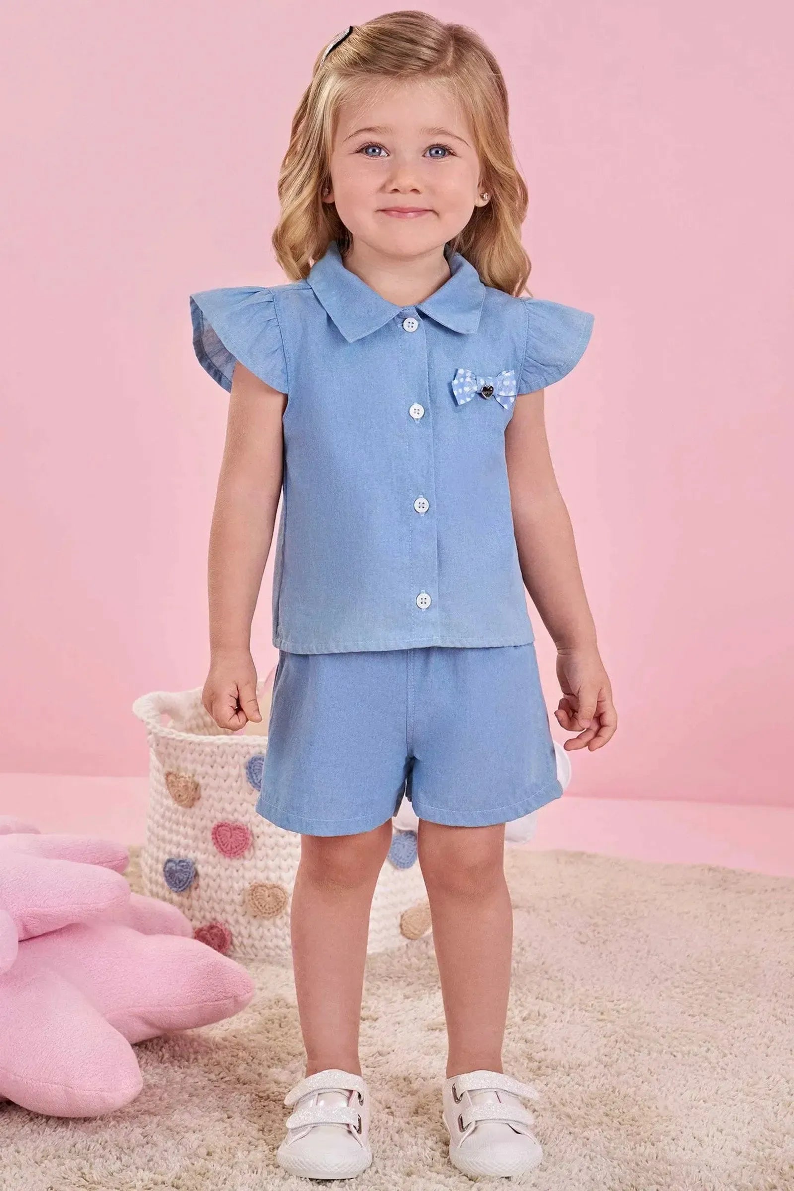 Conjunto de Camisa com Shorts em Light Chambray 84152 Infanti Bebê Menina