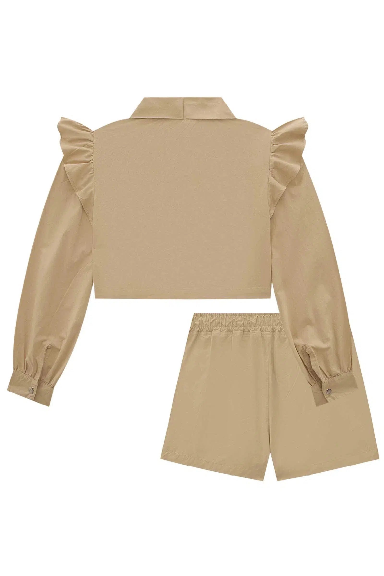 Conjunto de Camisa Cropped e Shorts Cintura Alta em Sarja Empapelada 71731 Lilimoon