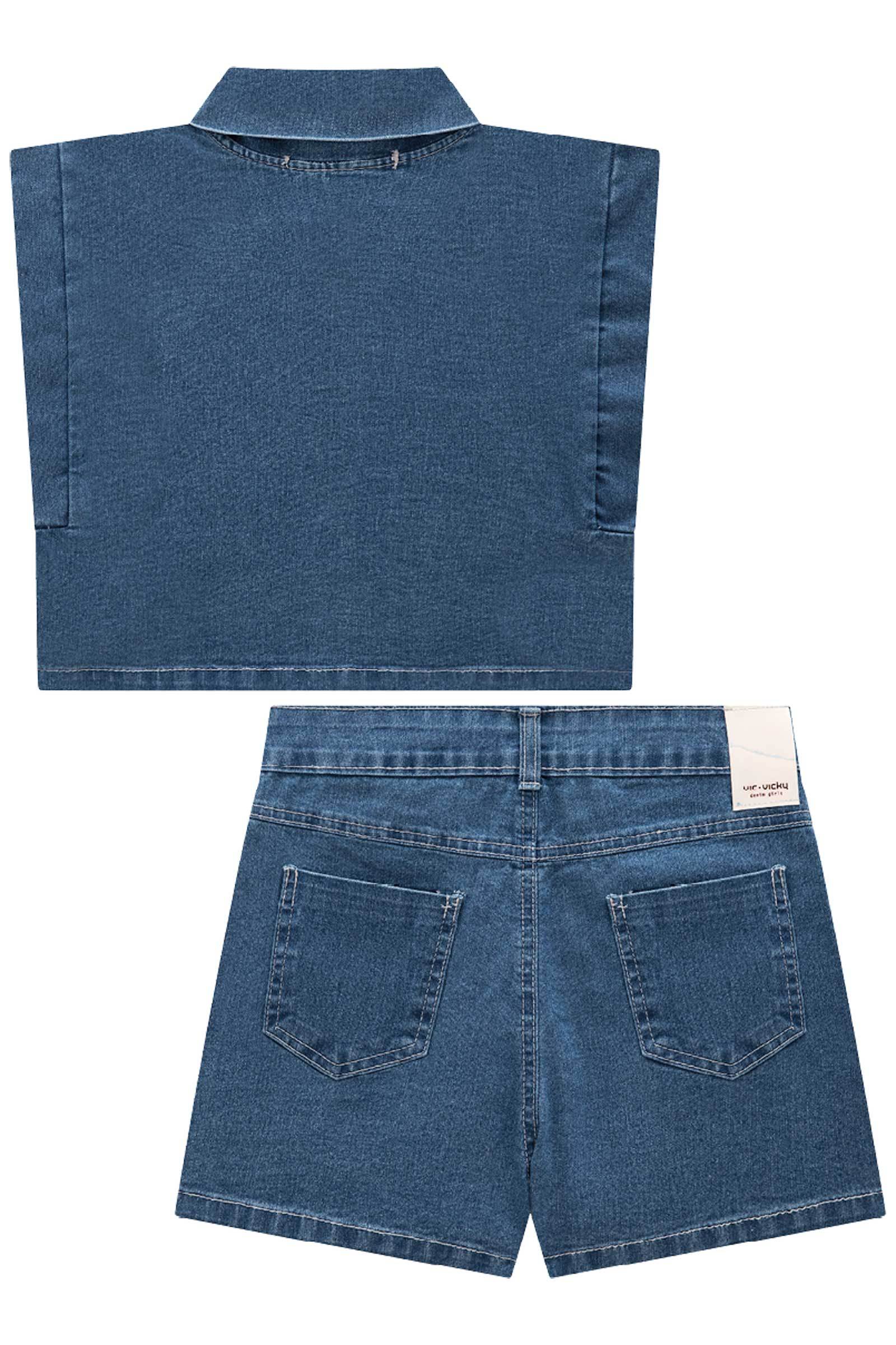 Conjunto de Camisa Cropped e Shorts em Jeans Belline 75273 Vic&Vicky