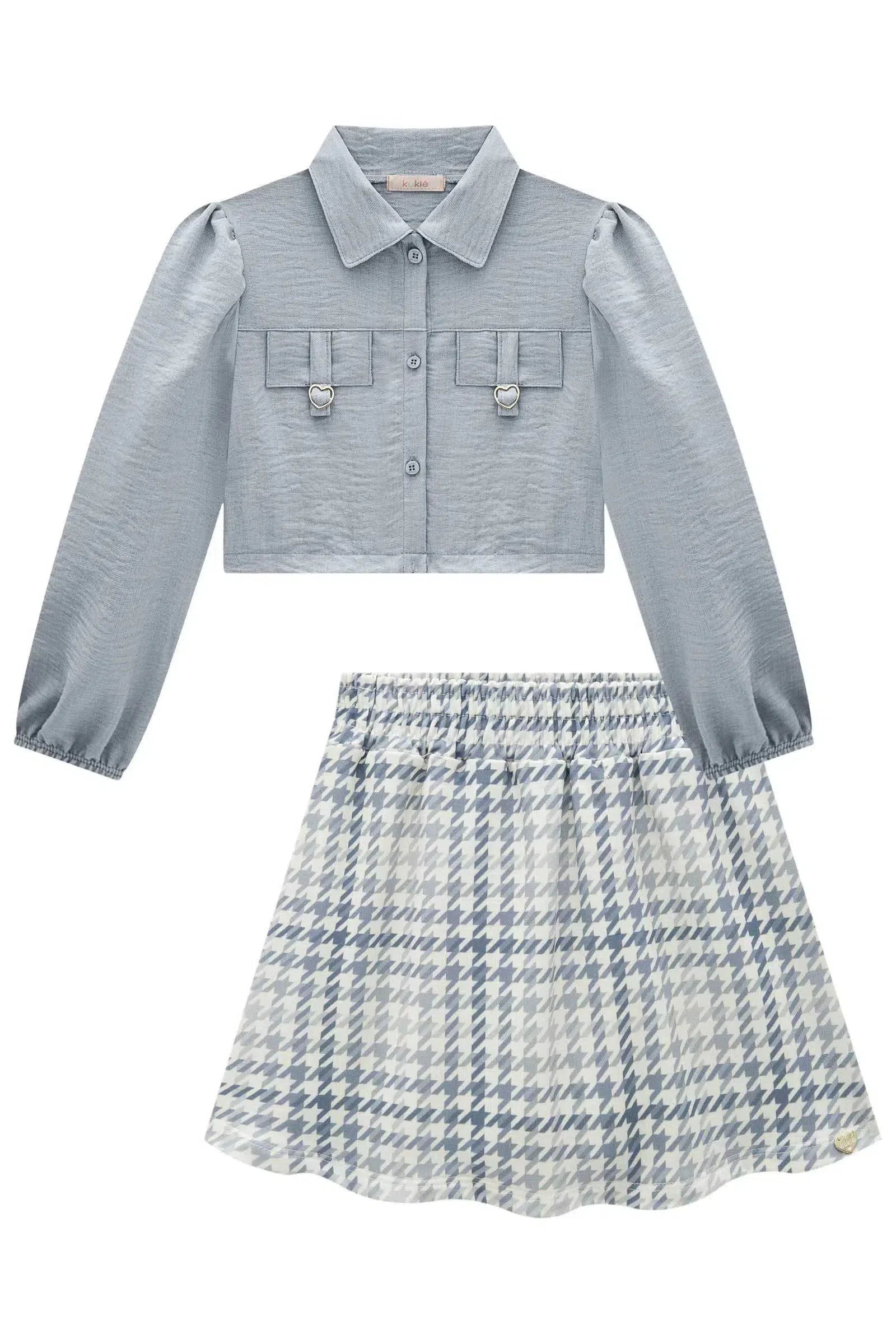 Conjunto de Camisa em Alfaiataria Linen e Saia em Molecotton (com Shorts Embutido) 81928 Kukiê Infantil Menina