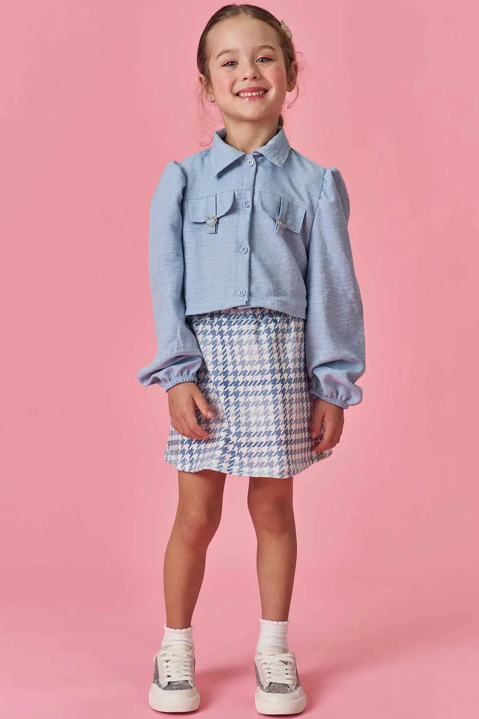 Conjunto de Camisa em Alfaiataria Linen e Saia em Molecotton (com Shorts Embutido) 81928 Kukiê Infantil Menina