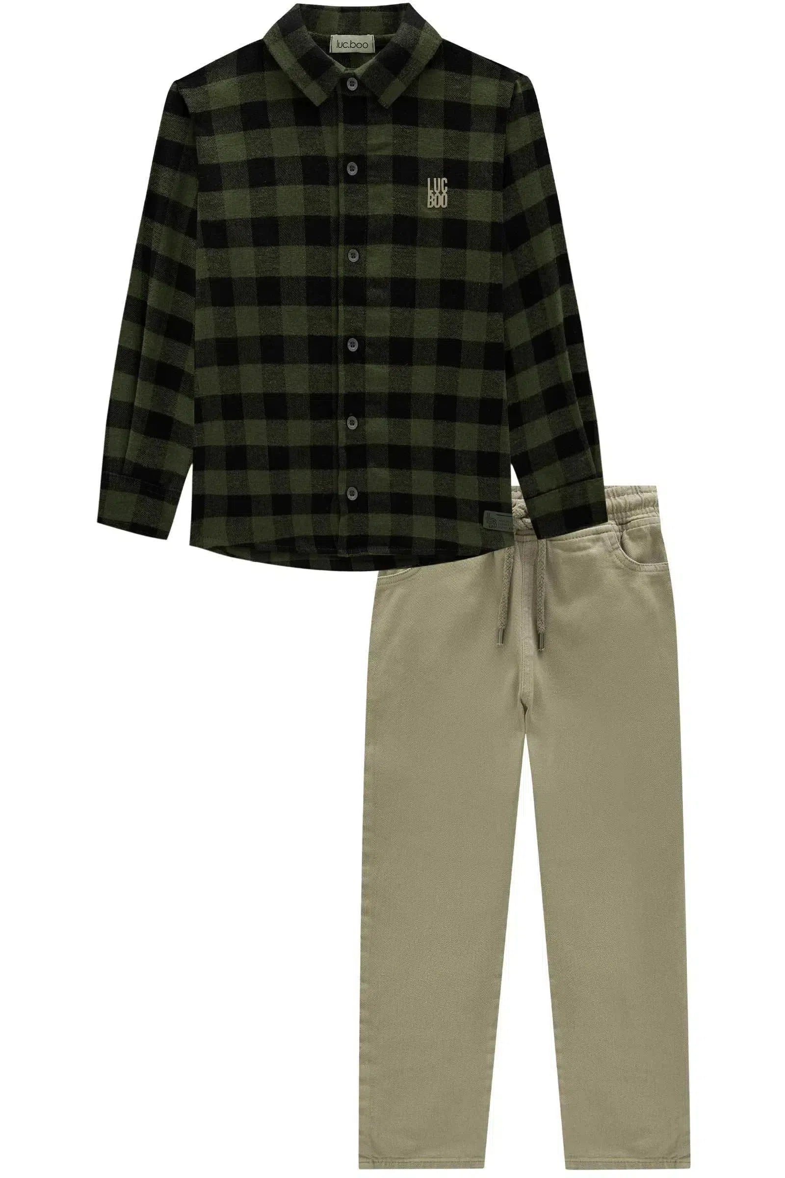 Conjunto de Camisa em Flanela Everest e Calça Skinny em Sarja Onix Stretch com Elastano 79901 LucBoo Infantil Menino