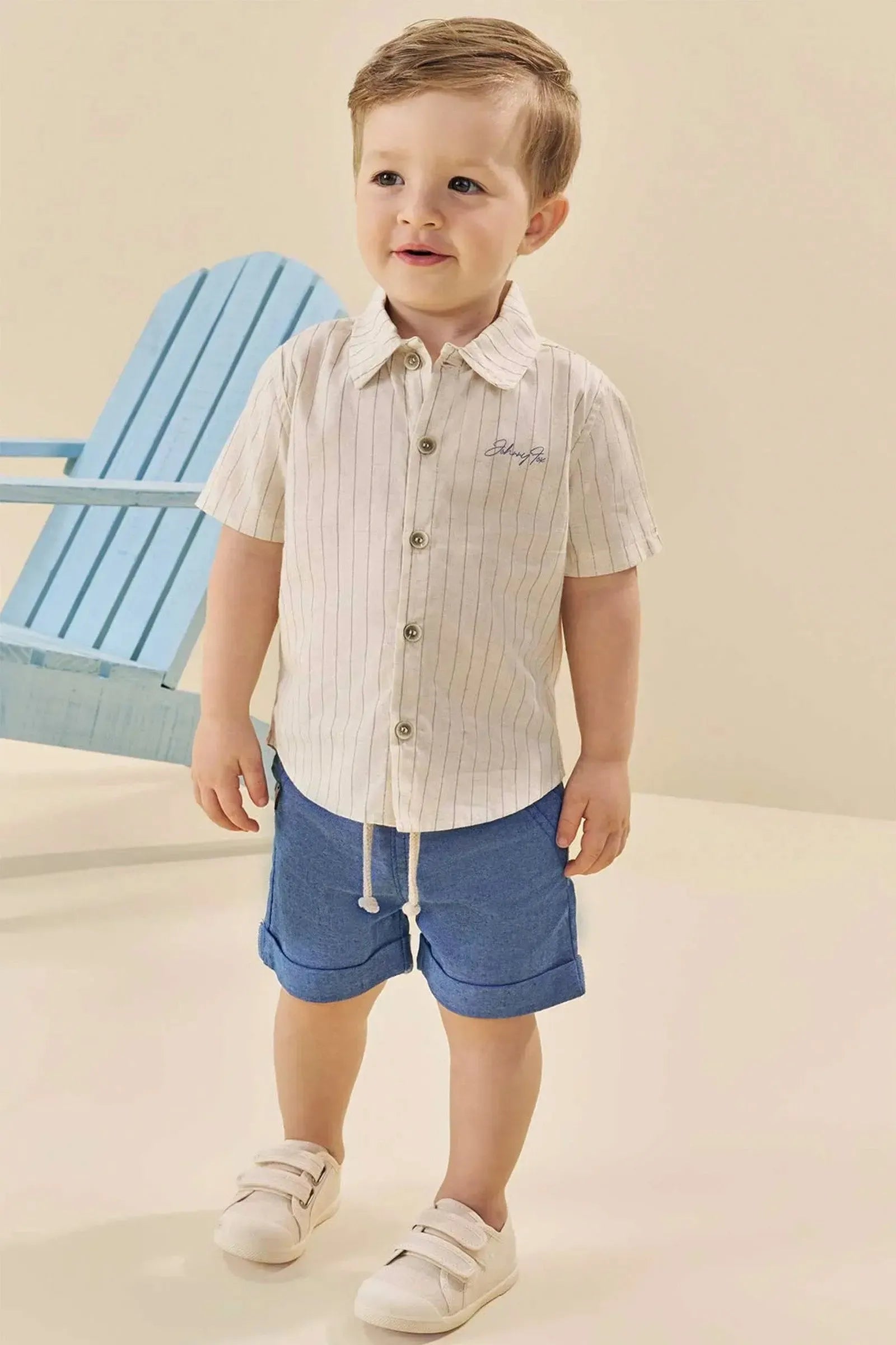 Conjunto de Camisa em Linho Deluxe e Bermuda em Ecostretch 84618 Johnny Fox Bebê Menino