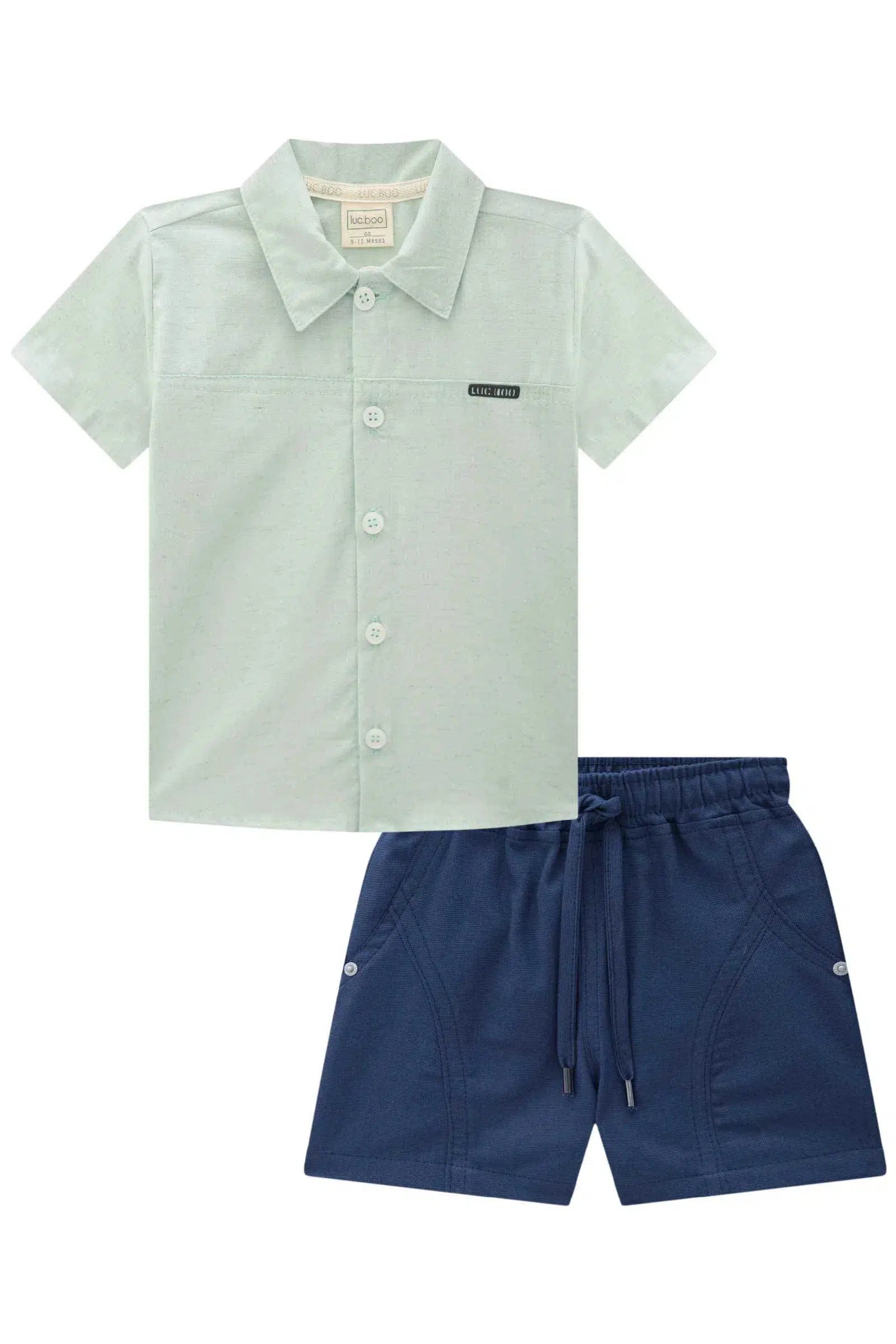 Conjunto Bebê Menino de Camisa em Linho Deluxe e Bermuda em Linho Santorine com Elatano 82085 LucBoo