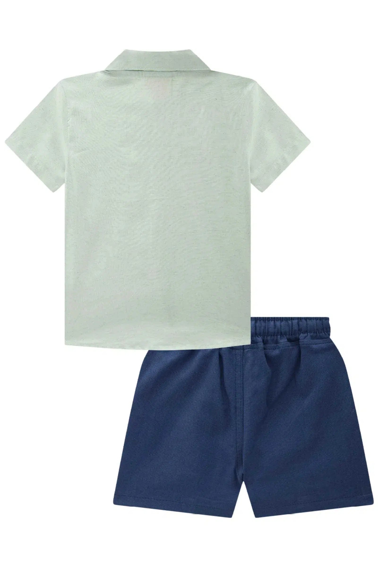 Conjunto Bebê Menino de Camisa em Linho Deluxe e Bermuda em Linho Santorine com Elatano 82085 LucBoo