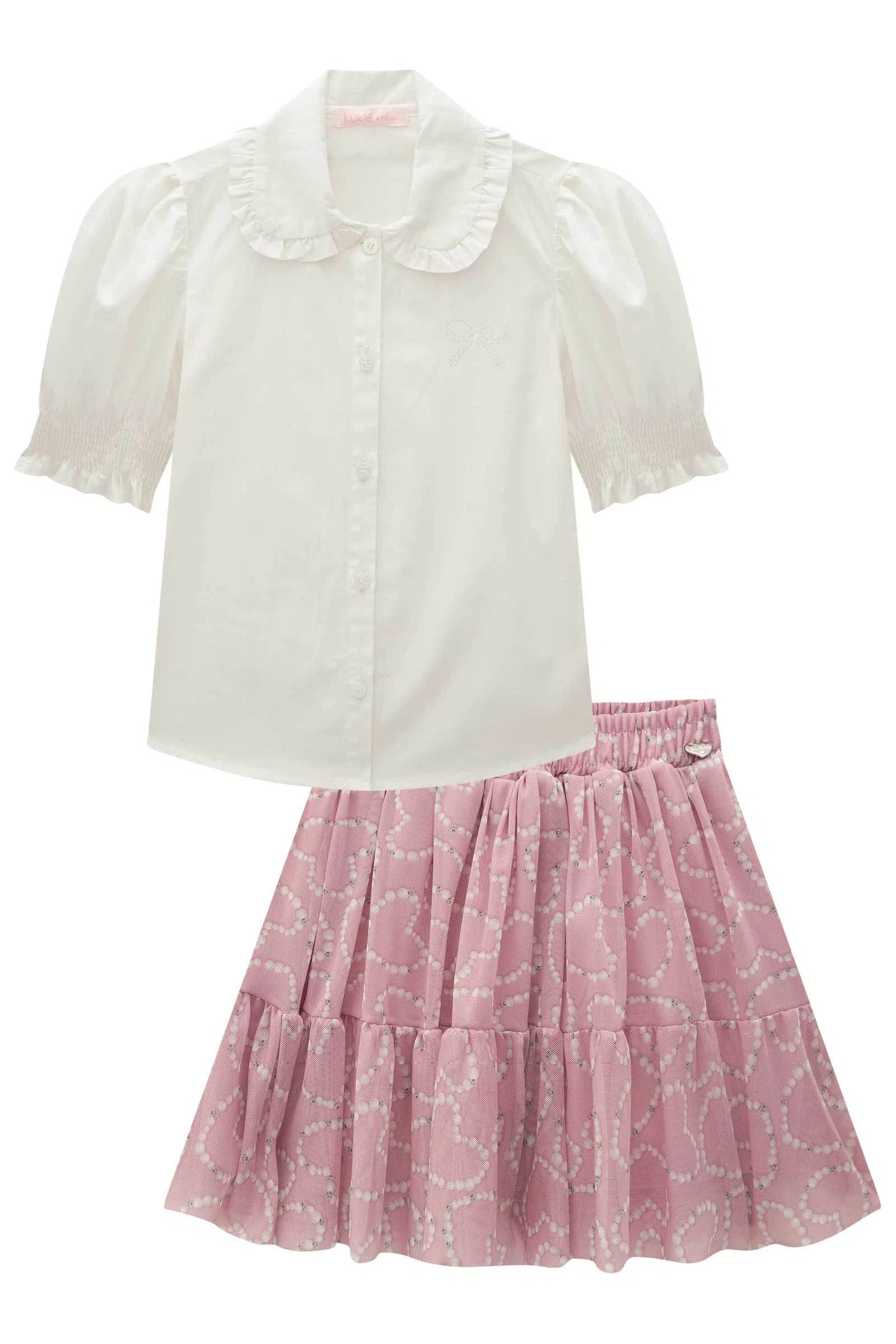 Conjunto Infantil Menina de Camisa em Tricoline e Saia em Tule com Elastano (shorts Embutido) 82377 Kukiê