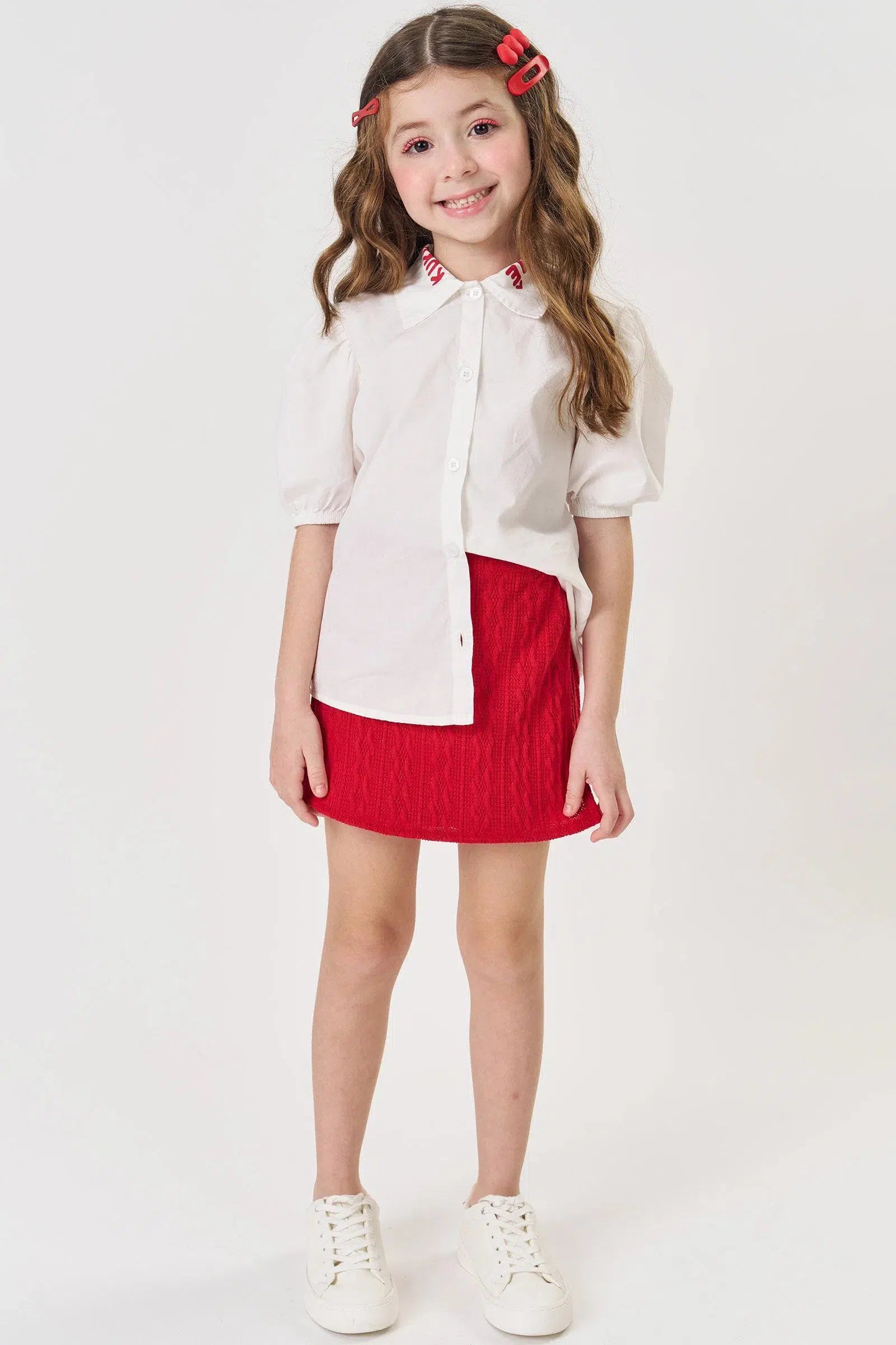 Conjunto Infantil Menina de Camisa em Tricoline e Short Saia em Tricot Relevo 82264 Kukiê