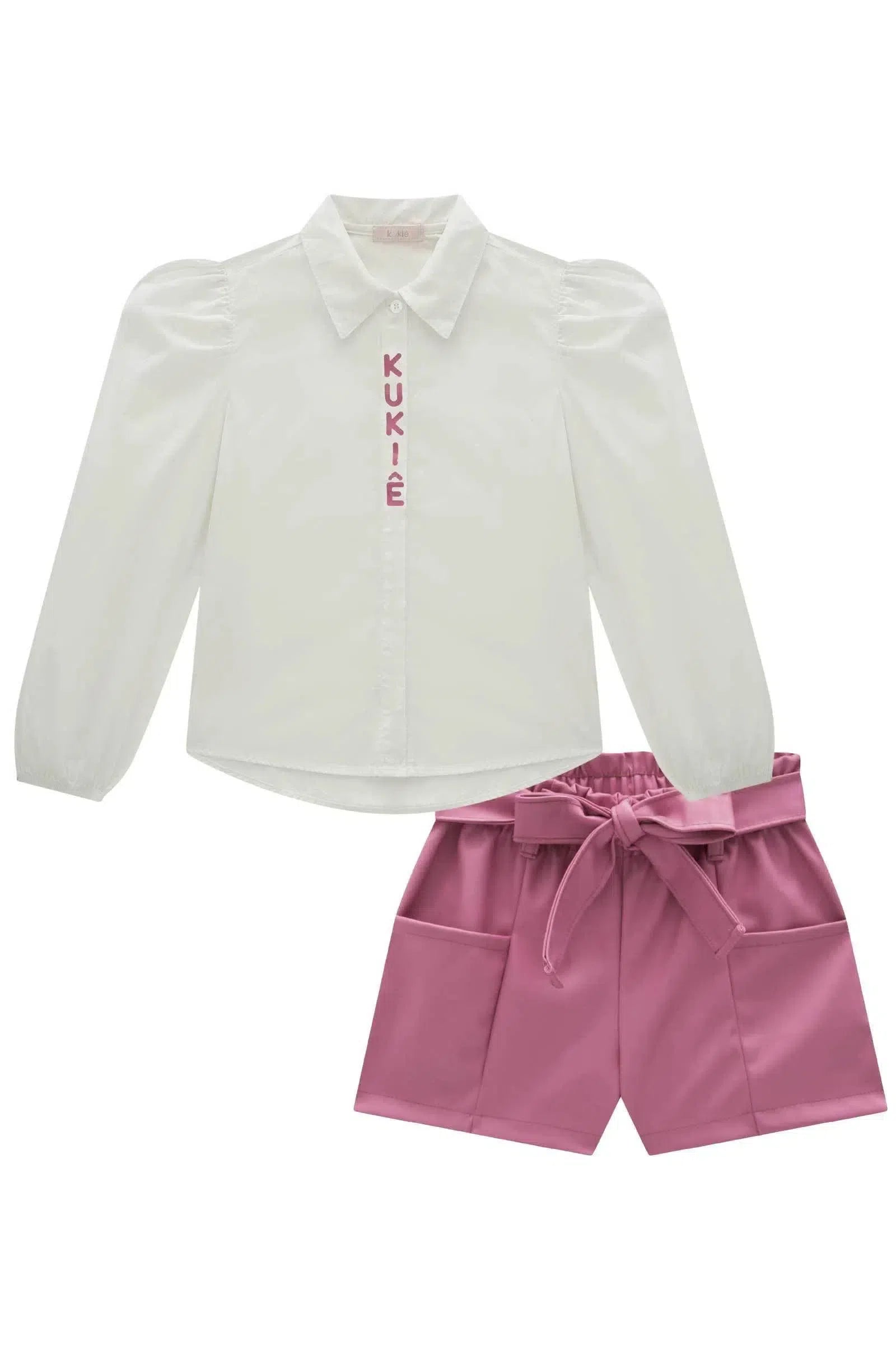 Conjunto de Camisa em Tricoline e Shorts em Couro Eco 81734 Kukiê Infantil Menina